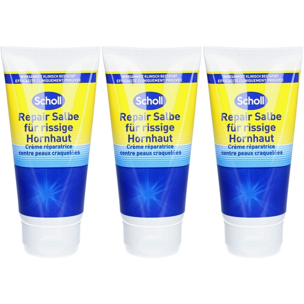 Trois tubes de crème Scholl Repair pour peaux craquelées. Emballage jaune et bleu avec nom du produit et texte français.