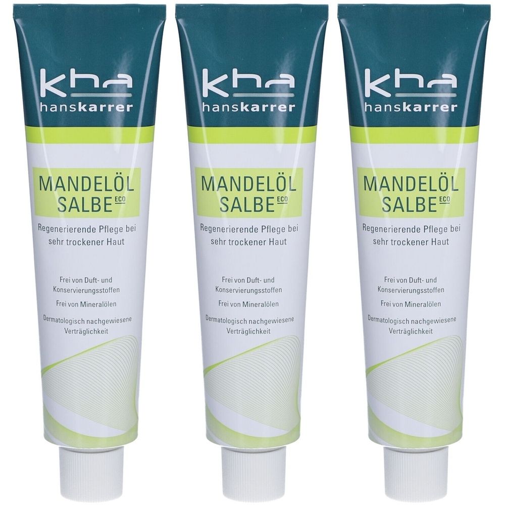 Drei Tuben Mandelöl-Salbe. Grün-weiße Verpackung mit Produktnamen und Hersteller. Text: Frei von Duft- und Konservierungsstoffen.
