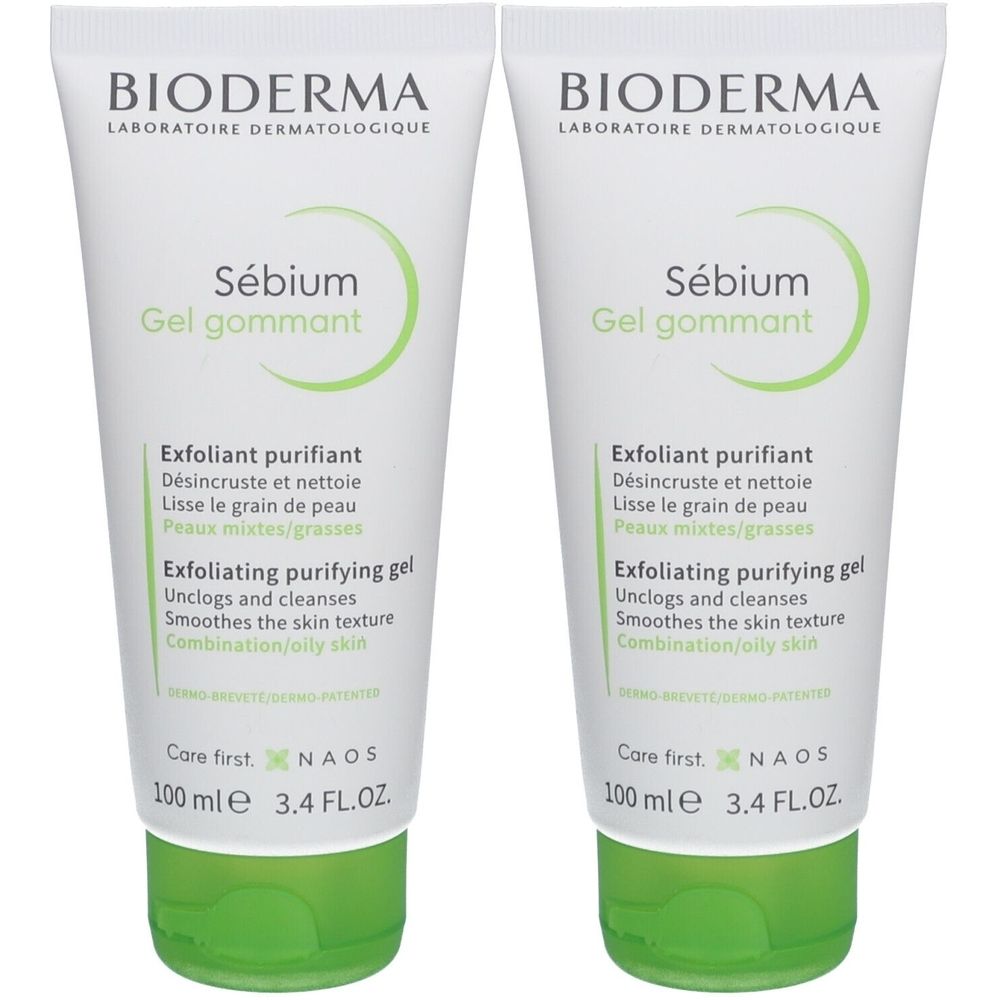 Zwei Tuben Bioderma Sébium Gel gommant. Weiße Tuben mit grünen Akzenten. Produktname und Beschreibung aufgedruckt.