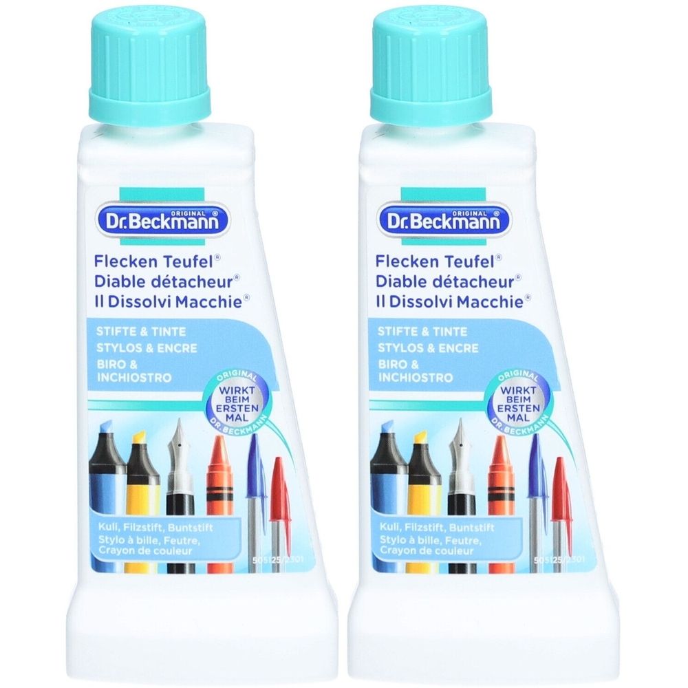 Zwei Flaschen Dr. Beckmann Flecken Teufel. Weiße Flaschen mit türkisfarbenen Deckeln. Produktbezeichnungen in mehreren Sprachen.