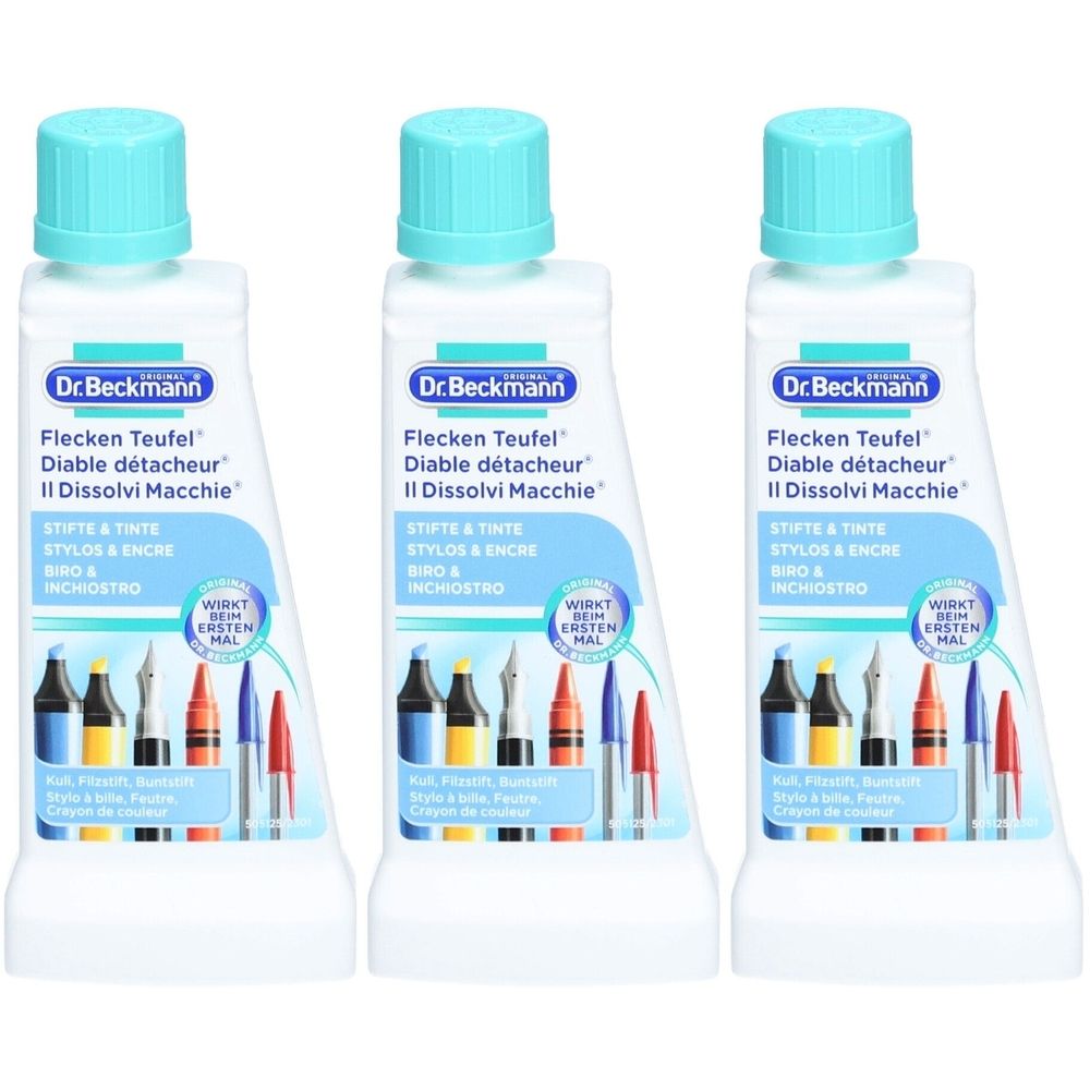 Drei Flaschen mit blauem Verschluss. Aufschrift: Dr. Beckmann Flecken Teufel, Stifte & Tinte. Abbildung von Stiften.