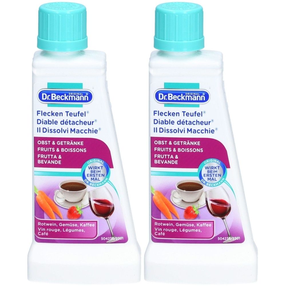 Zwei Flaschen Dr. Beckmann Flecken Teufel. Weiße Flaschen mit türkisen Deckeln. Aufdruck mit Produktnamen und Abbildungen von Obst und Getränken.