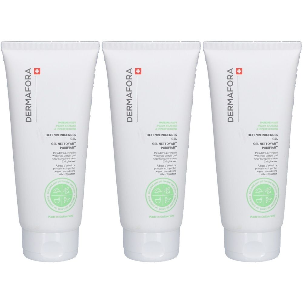 Drei weiße Tuben mit grünem Aufdruck. Dermafora-Logo und Produktbezeichnung Tiefenreinigungsgel. Schweizer Kreuz.