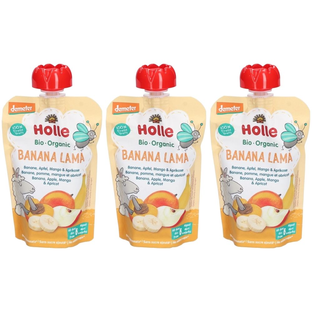 Drei Quetschbeutel mit rotem Verschluss. Aufschrift: Holle Bio-Organic Banana Lama. Mit Banane, Apfel, Mango & Aprikose.