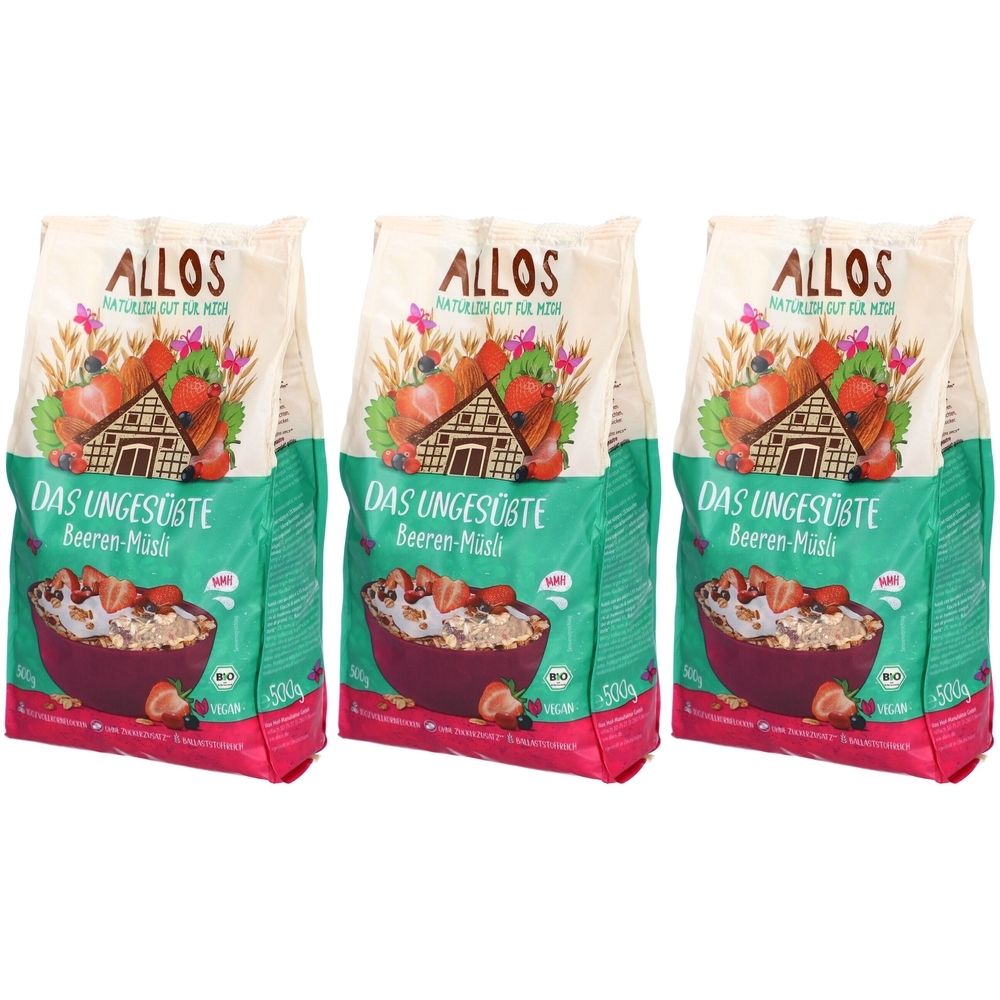 Drei Beutel Allos Beerenmüsli ohne Zuckerzusatz. Aufschrift: Das Ungesüßte Beeren-Müsli. Mit Logo und roten Früchten.