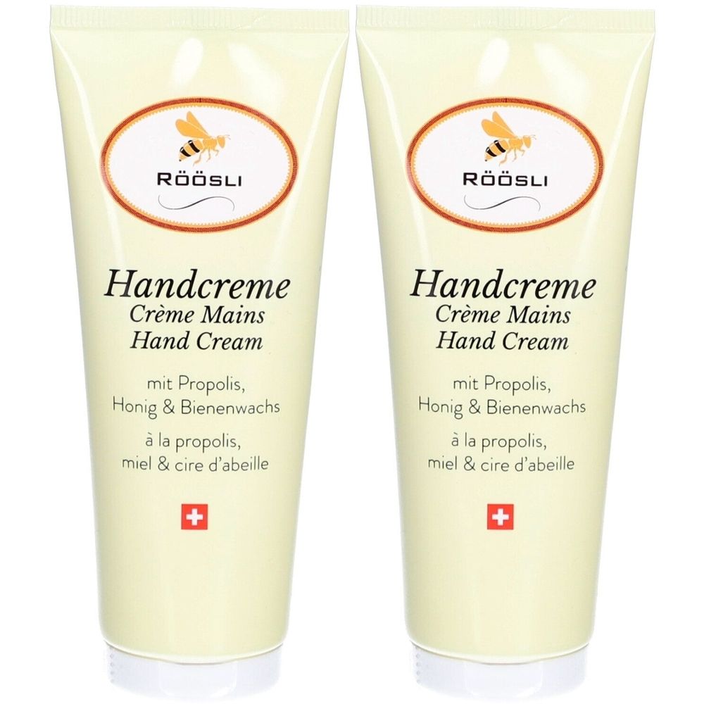 Deux tubes de crème pour les mains. Inscription : RÖÖSLI, Handcreme, avec propolis, miel et cire d'abeille. Croix suisse.