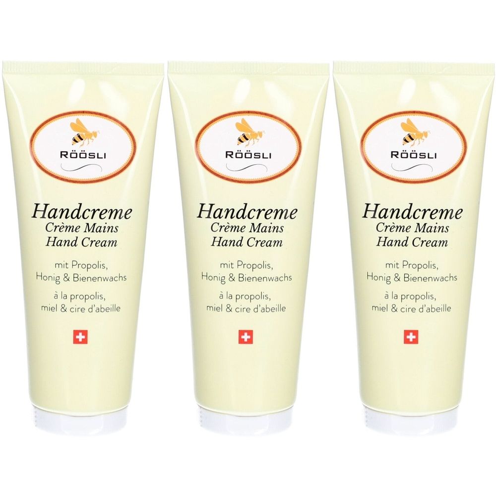Trois tubes de crème pour les mains. Chaque tube porte l'inscription "Handcreme" et "RÖÖSLI". Croix suisse en bas.