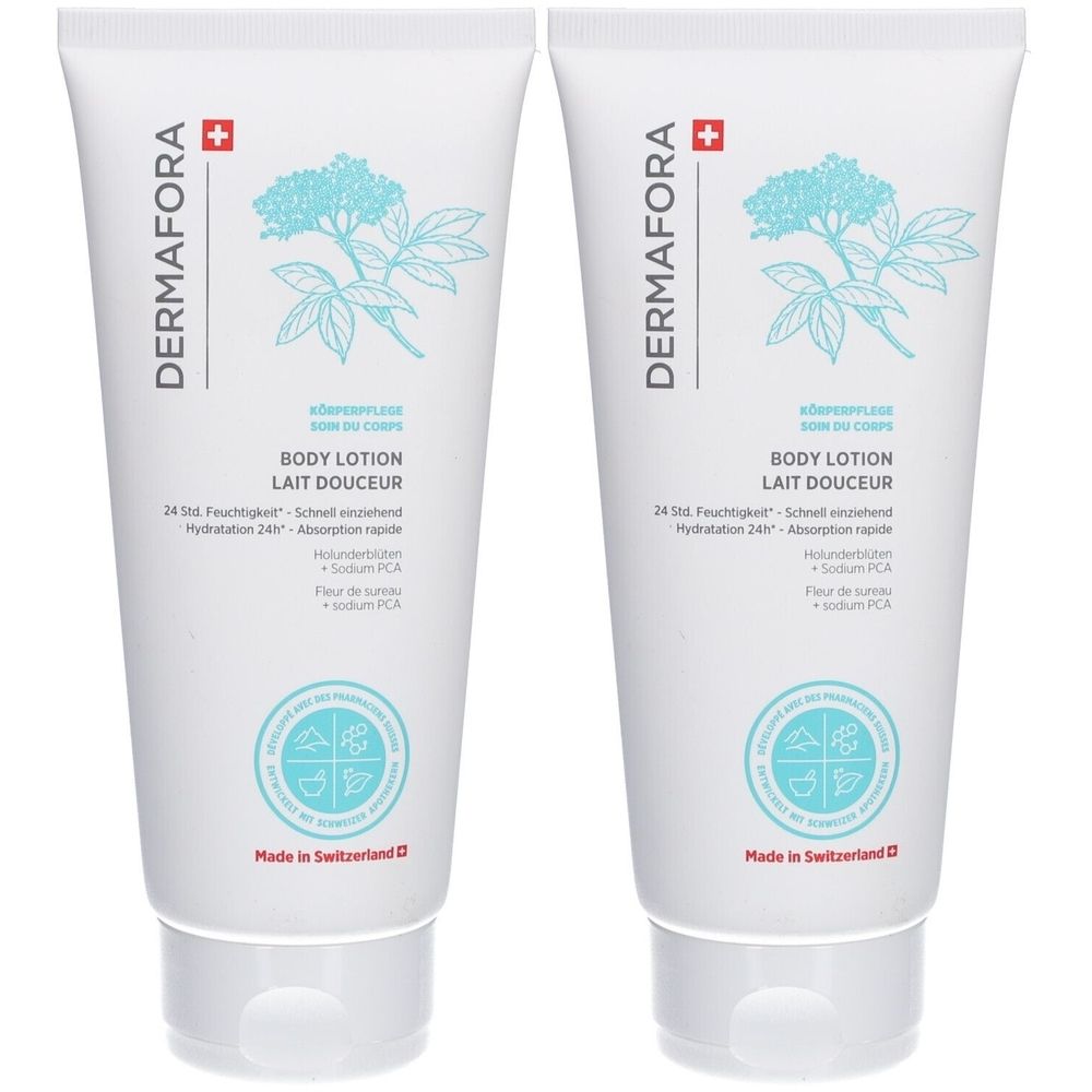 Deux tubes blancs avec texte et illustration bleus. Inscription: DERMAFORA, Body Lotion, Lait Douceur. Croix suisse. Fabriqué en Suisse.