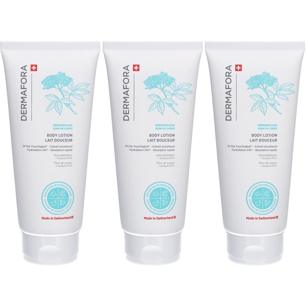 Trois tubes blancs avec impression. Inscription: DERMAFORA, BODY LOTION, LAIT DOUCEUR. Croix suisse.