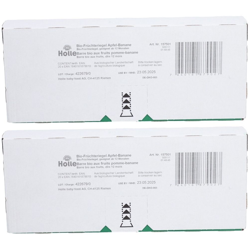 Deux boîtes de Holle Bio-Fruchtriegel Apfel-Banane. Inscription : Bio-Fruchtriegel, Barrette bio aux fruits, date de péremption 23.05.2025.