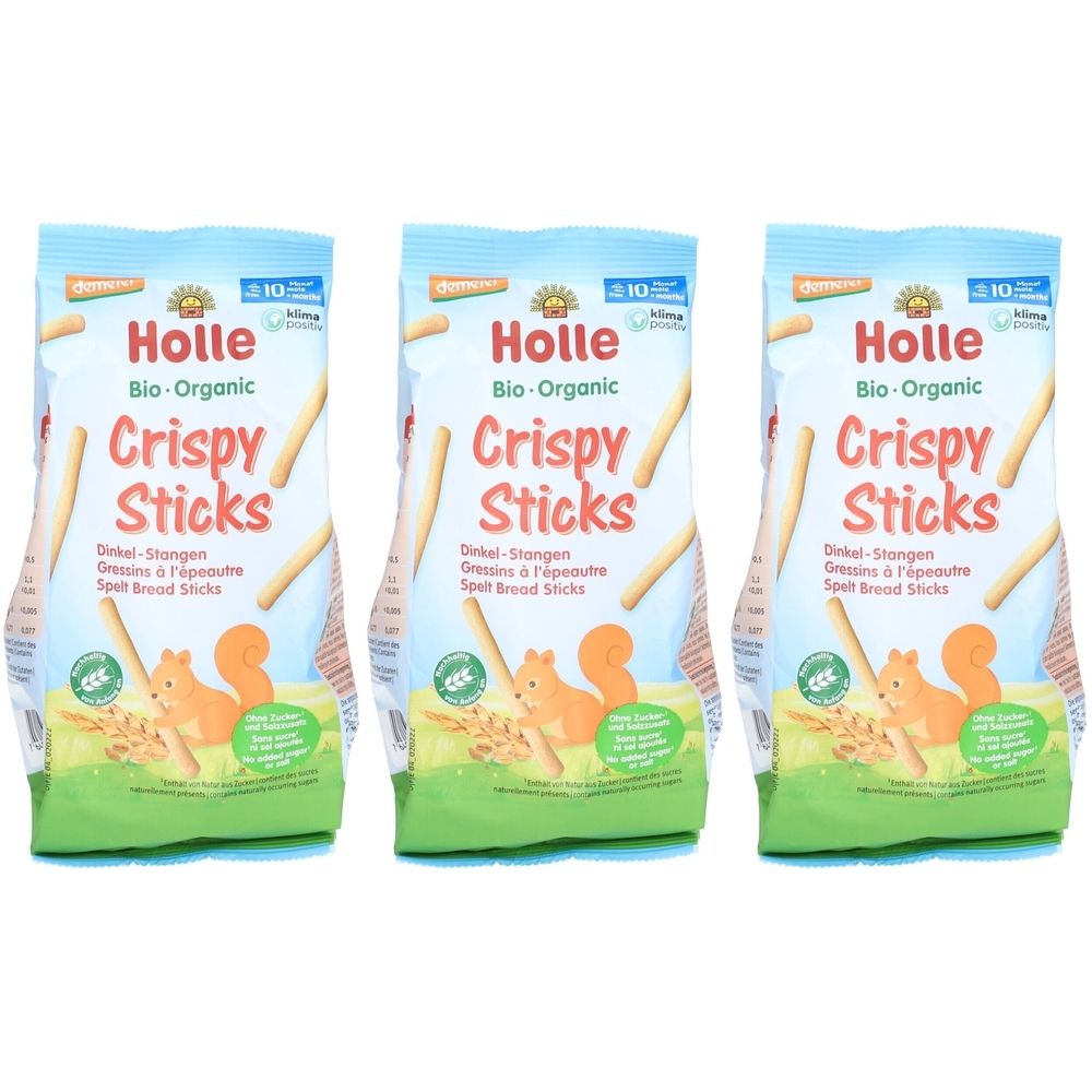 Drei Beutel mit "Holle Crispy Sticks". Aufschrift: Bio-Organic, Crispy Sticks, Dinkel-Stangen. Abbildung eines Eichhörnchens.