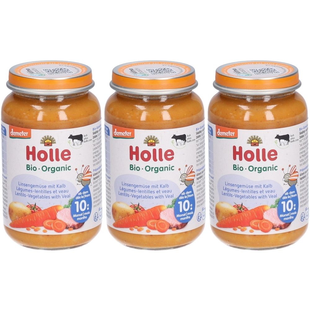 Trois pots de nourriture pour bébé Holle Bio-Organic. Inscription : Légumes-lentilles et veau. Label Demeter. Recommandé dès 10 mois.