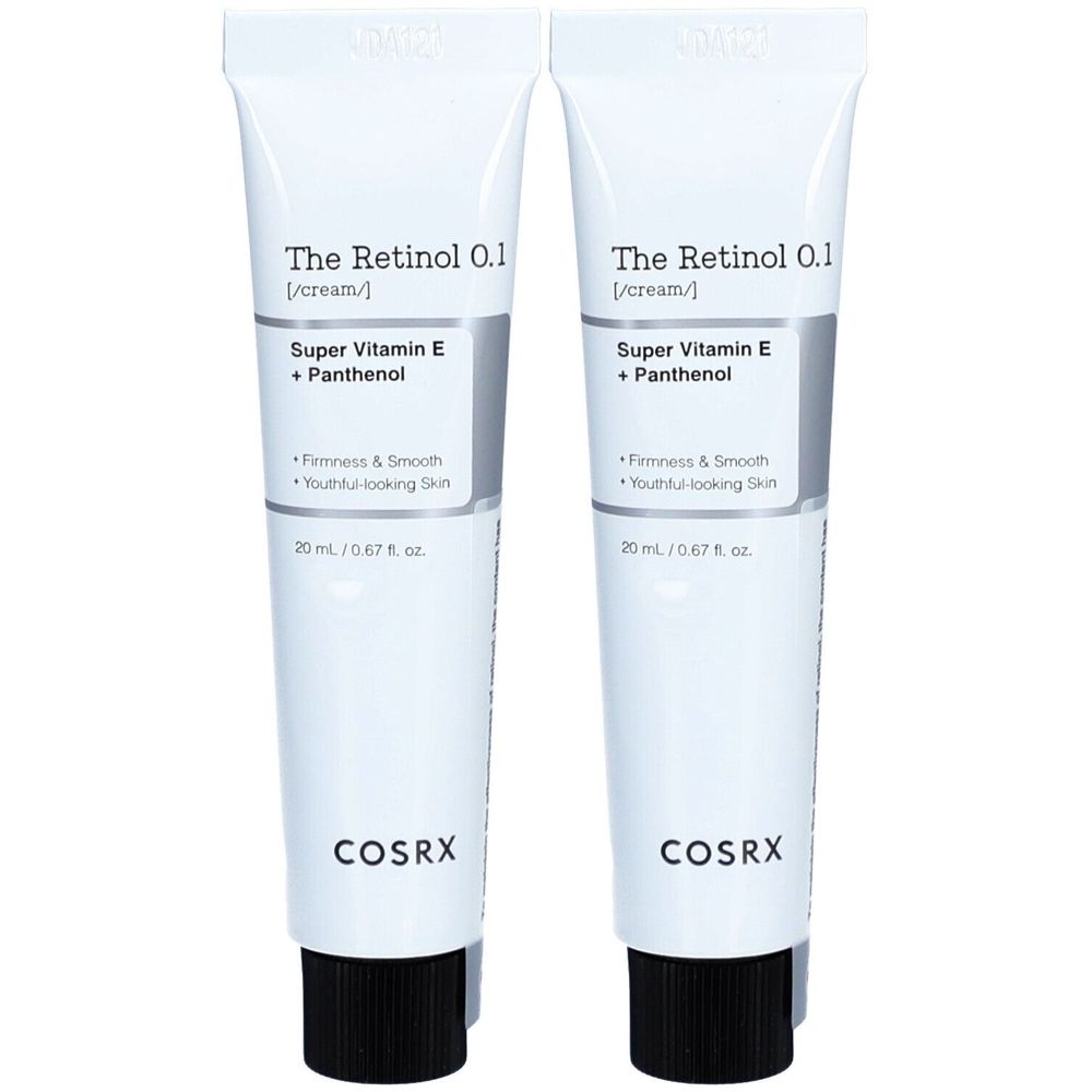 Zwei Tuben Creme. Aufschrift: The Retinol 0.1, Super Vitamin E + Panthenol, COSRX. 20 ml.
