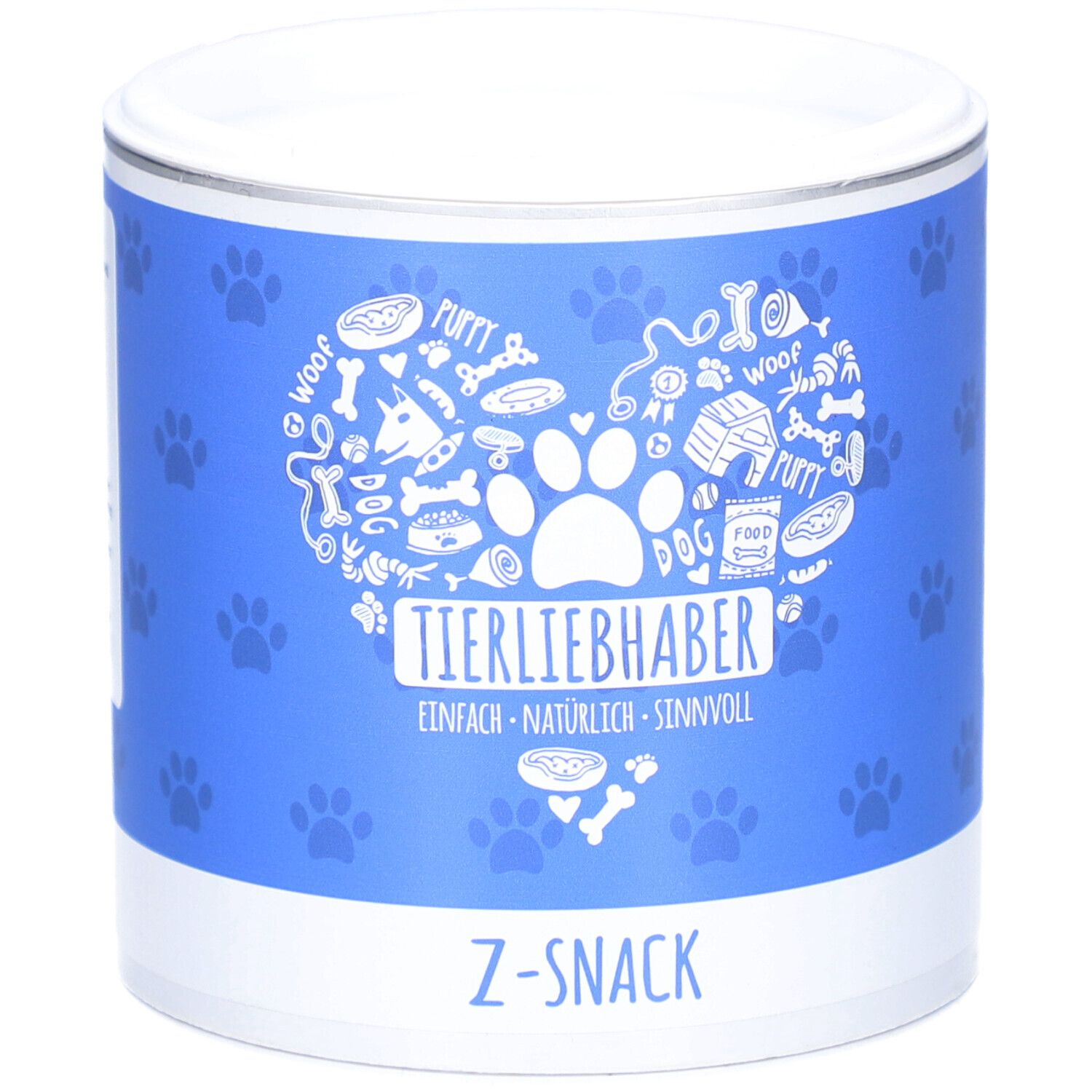 Blaue Dose mit weißem Deckel. Aufschrift: TIERLIEBHABER, Z-SNACK. Pfoten-Illustrationen.