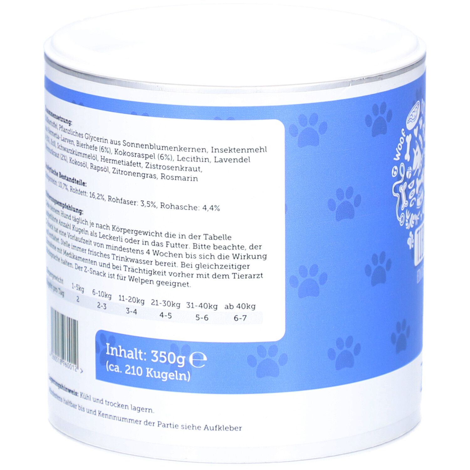 Rückseite der blauen Dose. Text: Inhaltsstoffe, Fütterungsempfehlung, Inhalt 350g (ca. 210 Kugeln).