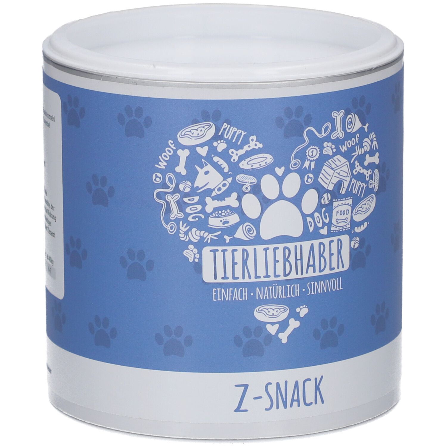 Blaue Dose mit weißem Deckel. Aufschrift: TIERLIEBHABER, Z-SNACK. Pfoten-Illustrationen.