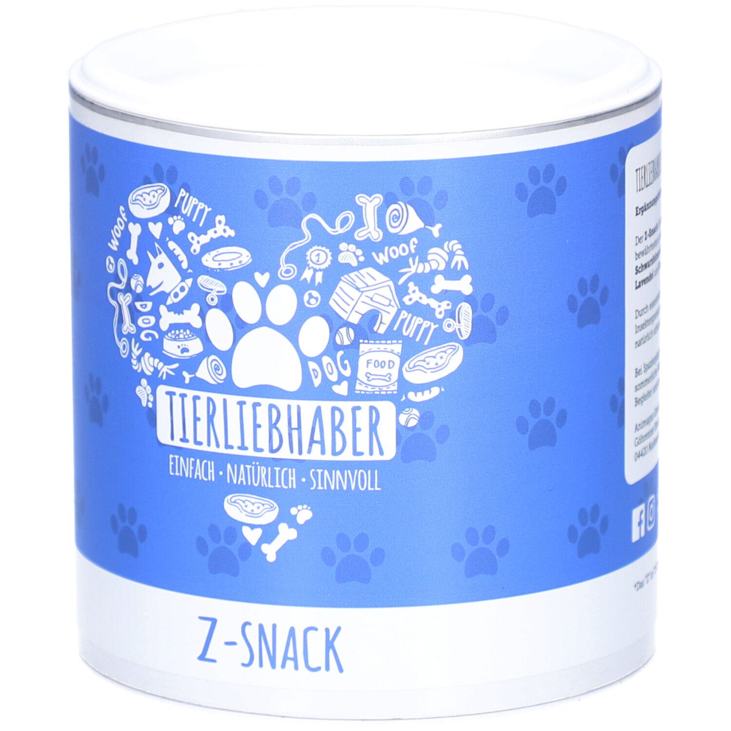 Blaue Dose mit weißem Deckel. Aufschrift: TIERLIEBHABER, Z-SNACK. Pfoten-Illustrationen.