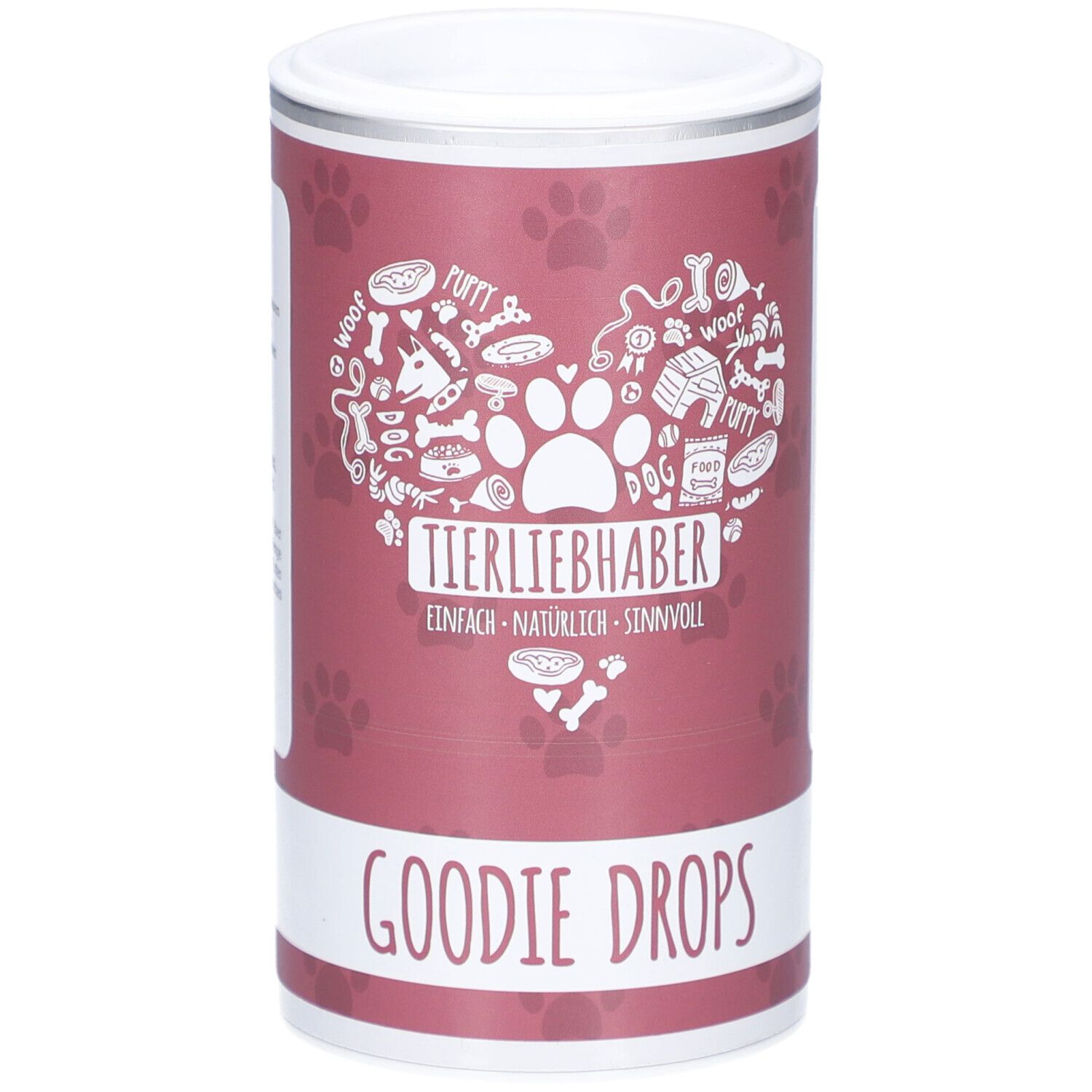 Zylindrische Dose mit weißem Deckel. Aufschrift: Tierliebhaber Goodie Drops. Herzförmiges Design mit Pfoten und Knochen.