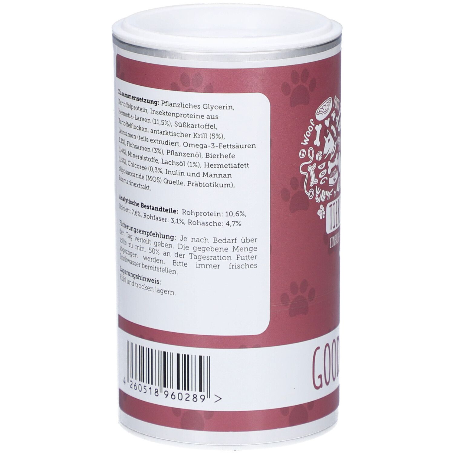 Rückseite der Dose. Auflistung der Inhaltsstoffe und Analysewerte. Barcode unten.