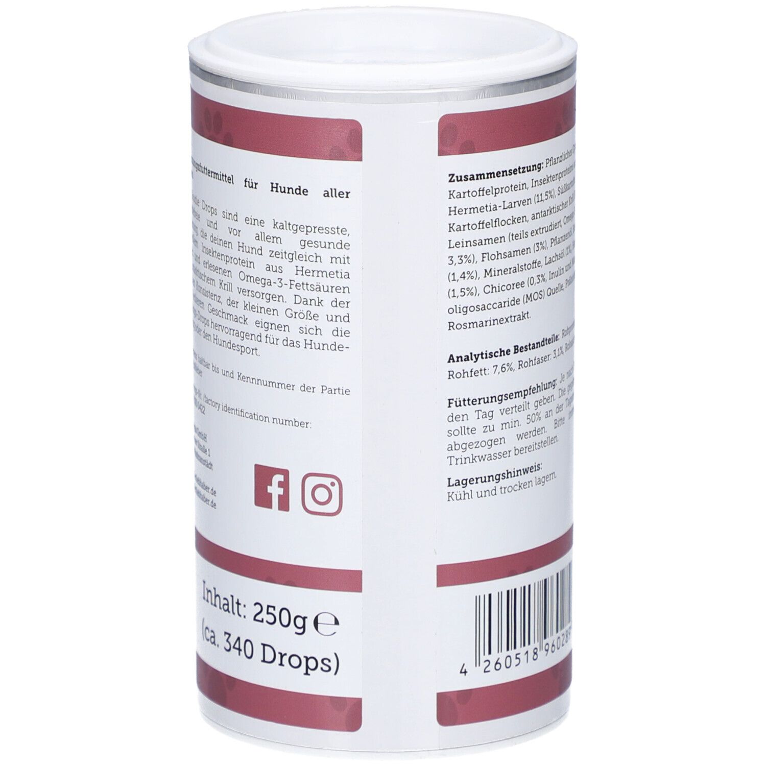 Rückseite der Dose. Text über die Fütterungsempfehlung und Lagerung. Social-Media-Icons.