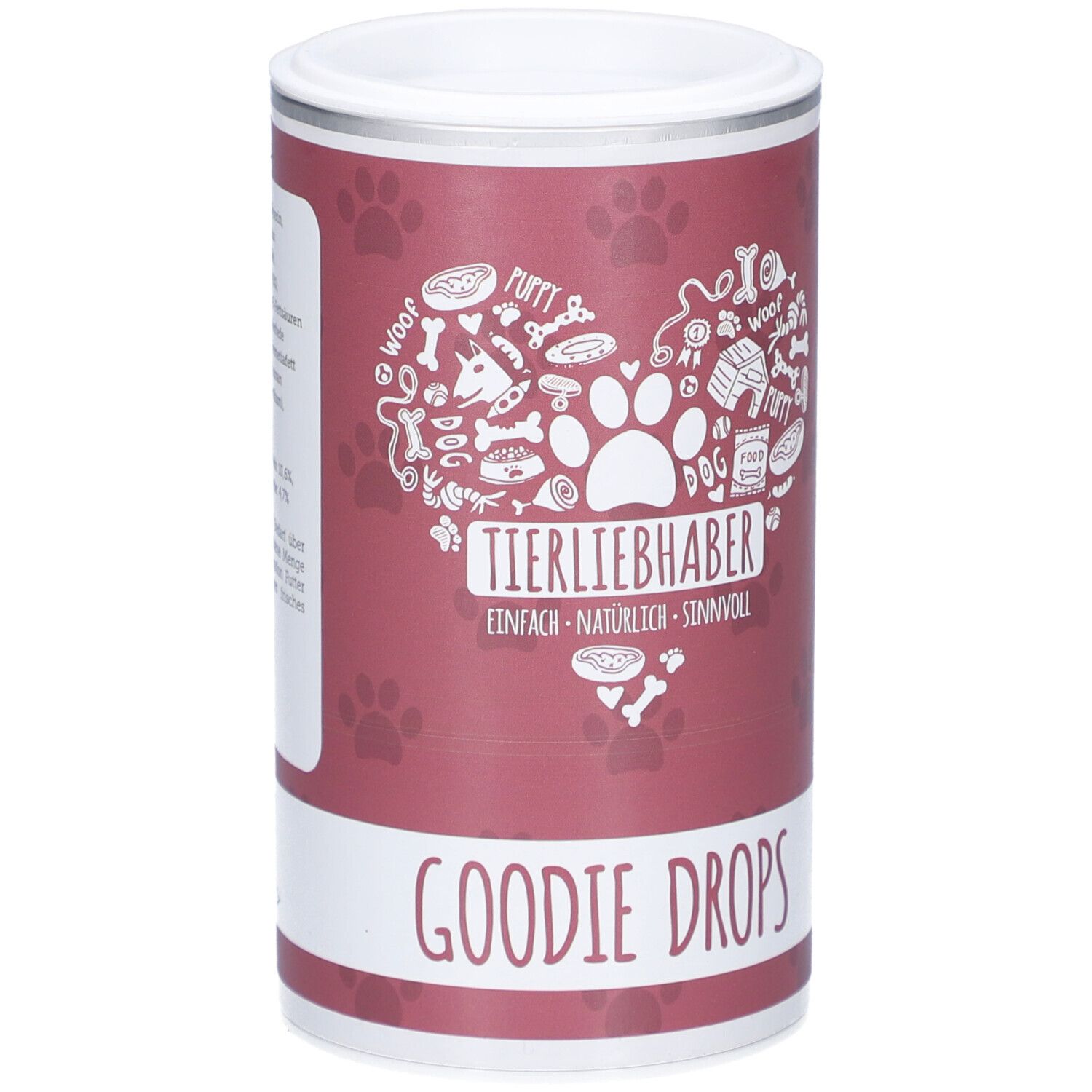 Zylindrische Dose mit weißem Deckel. Aufschrift: Tierliebhaber Goodie Drops. Herzförmiges Design mit Pfoten und Knochen.