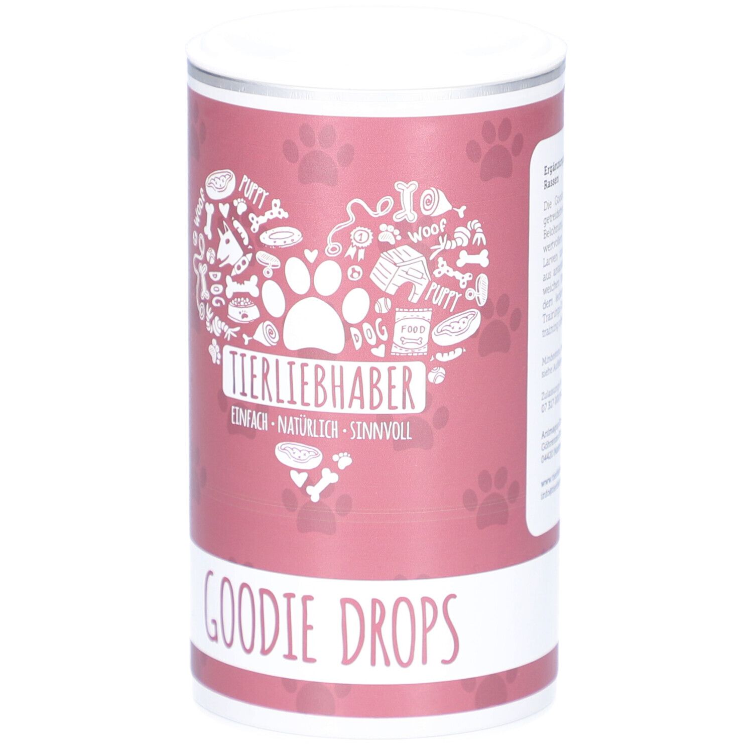 Zylindrische Dose mit weißem Deckel. Aufschrift: Tierliebhaber Goodie Drops. Herzförmiges Design mit Pfoten und Knochen.