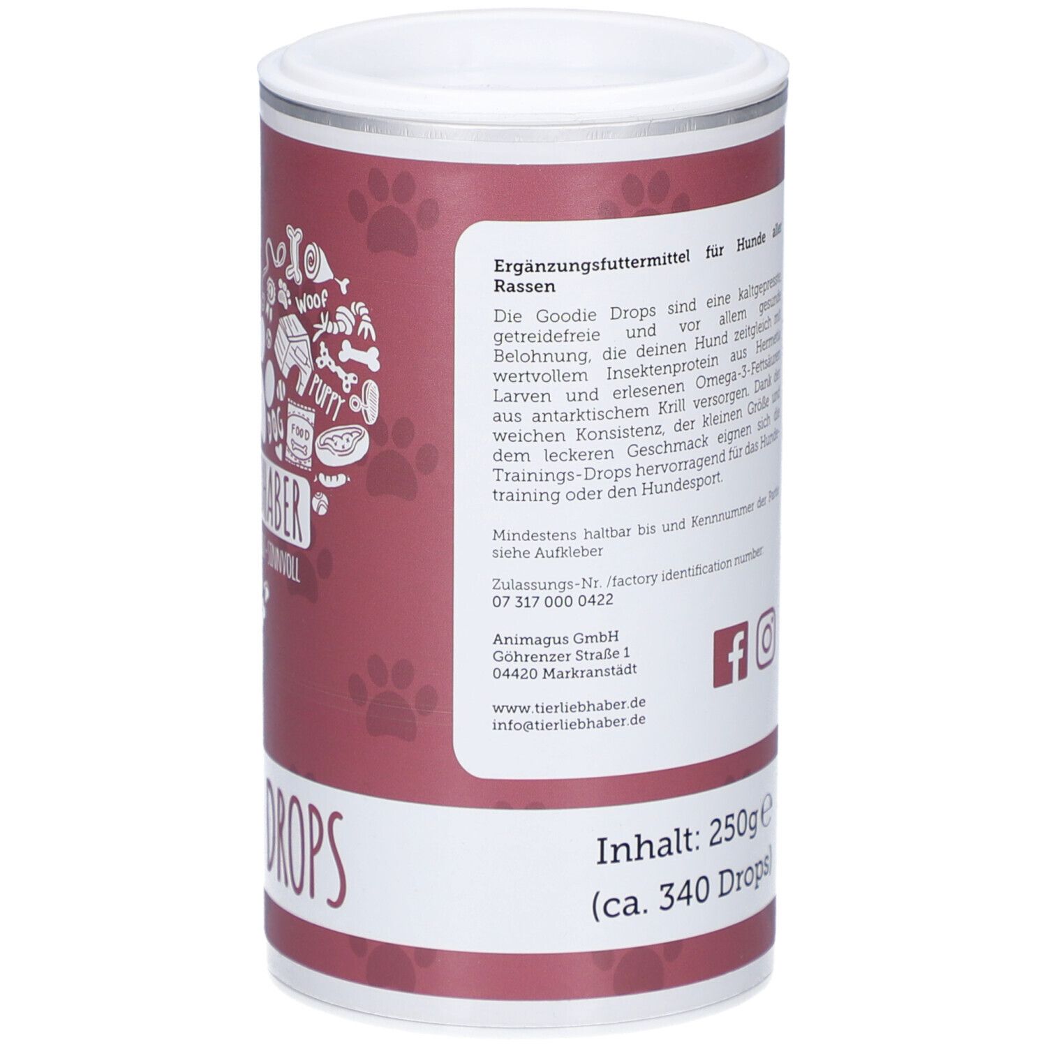 Rückseite der Dose. Text über die Ergänzungsfuttermittel. Social-Media-Icons und Kontaktinformationen.