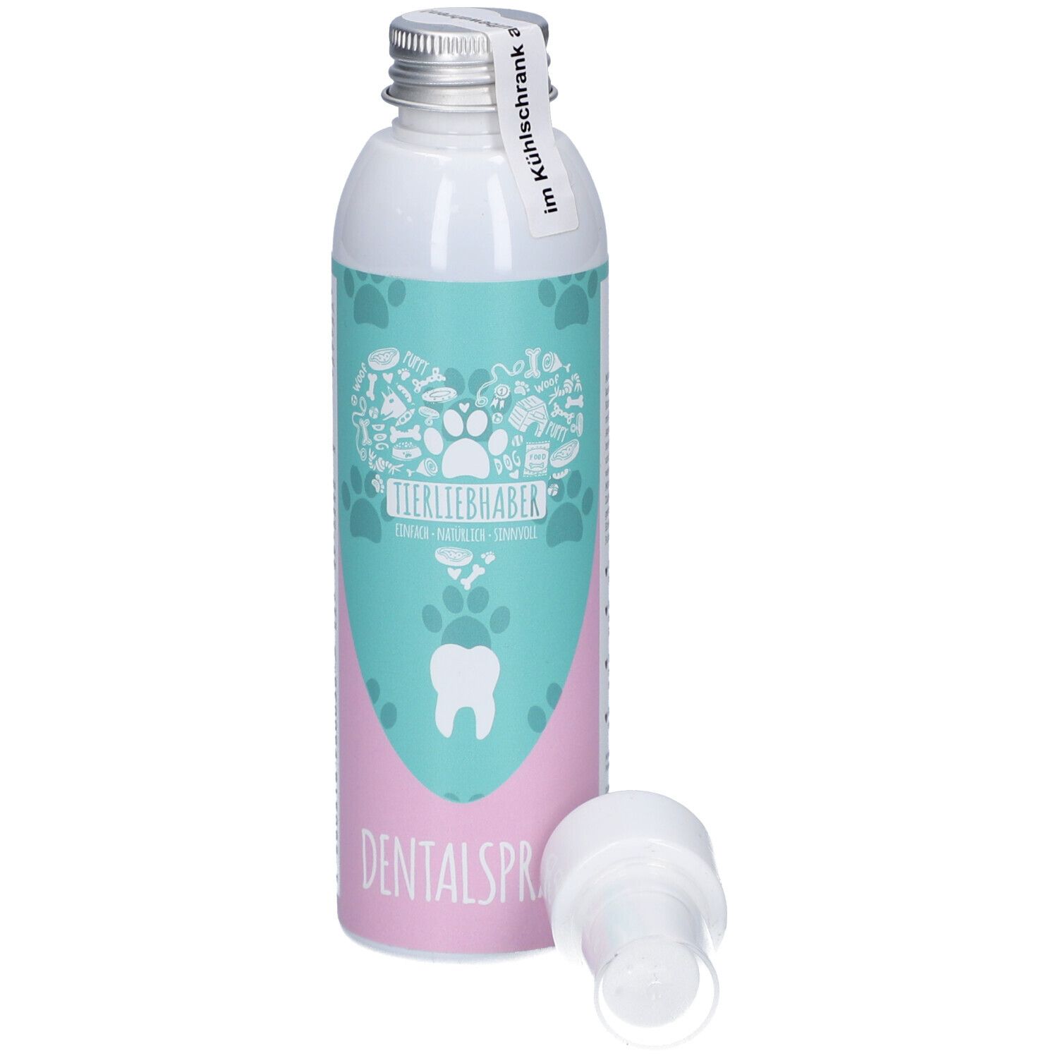Zahn-Spray-Flasche mit abgenommenem Sprühkopf. Rosa und türkise Etiketten. Aufschrift: DENTALSpray.