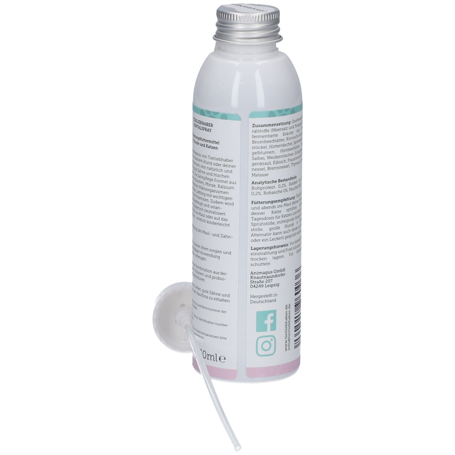 Zahn-Spray-Flasche mit abgenommenem Sprühkopf. Rückseite mit Text. Aufschrift: DENTALSpray.