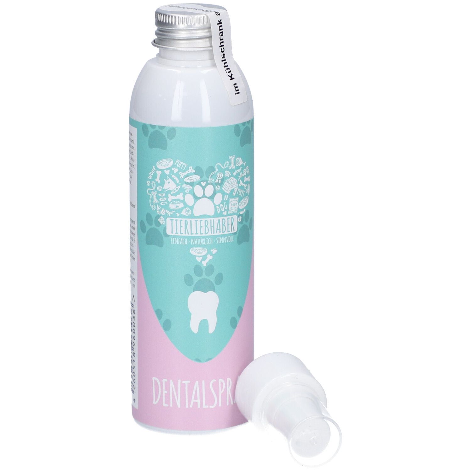 Zahn-Spray-Flasche mit abgenommenem Sprühkopf. Rückseite mit Text. Aufschrift: DENTALSpray.