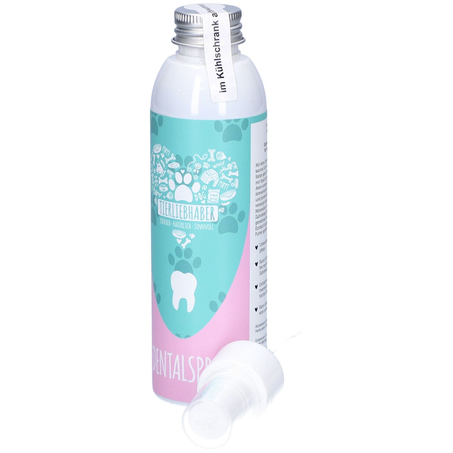 Zahn-Spray-Flasche mit abgenommenem Sprühkopf. Rückseite mit Text. Aufschrift: DENTALSpray.