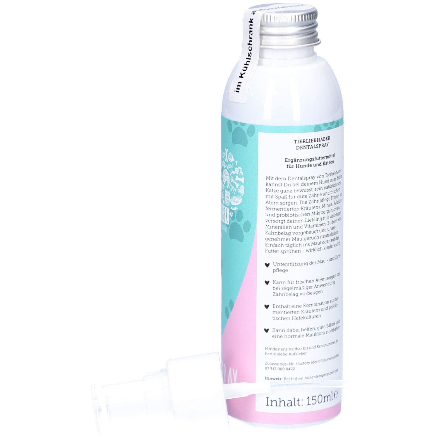 Zahn-Spray-Flasche mit abgenommenem Sprühkopf. Rückseite mit Text. Aufschrift: DENTALSpray.