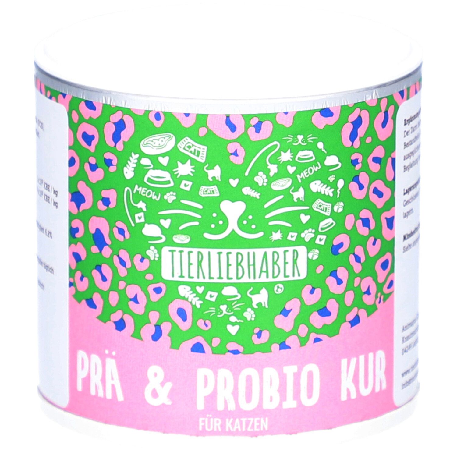 Dose mit grünem und rosa Design. Aufschrift: Tierliebhaber, Prä & Probio Kur für Katzen.