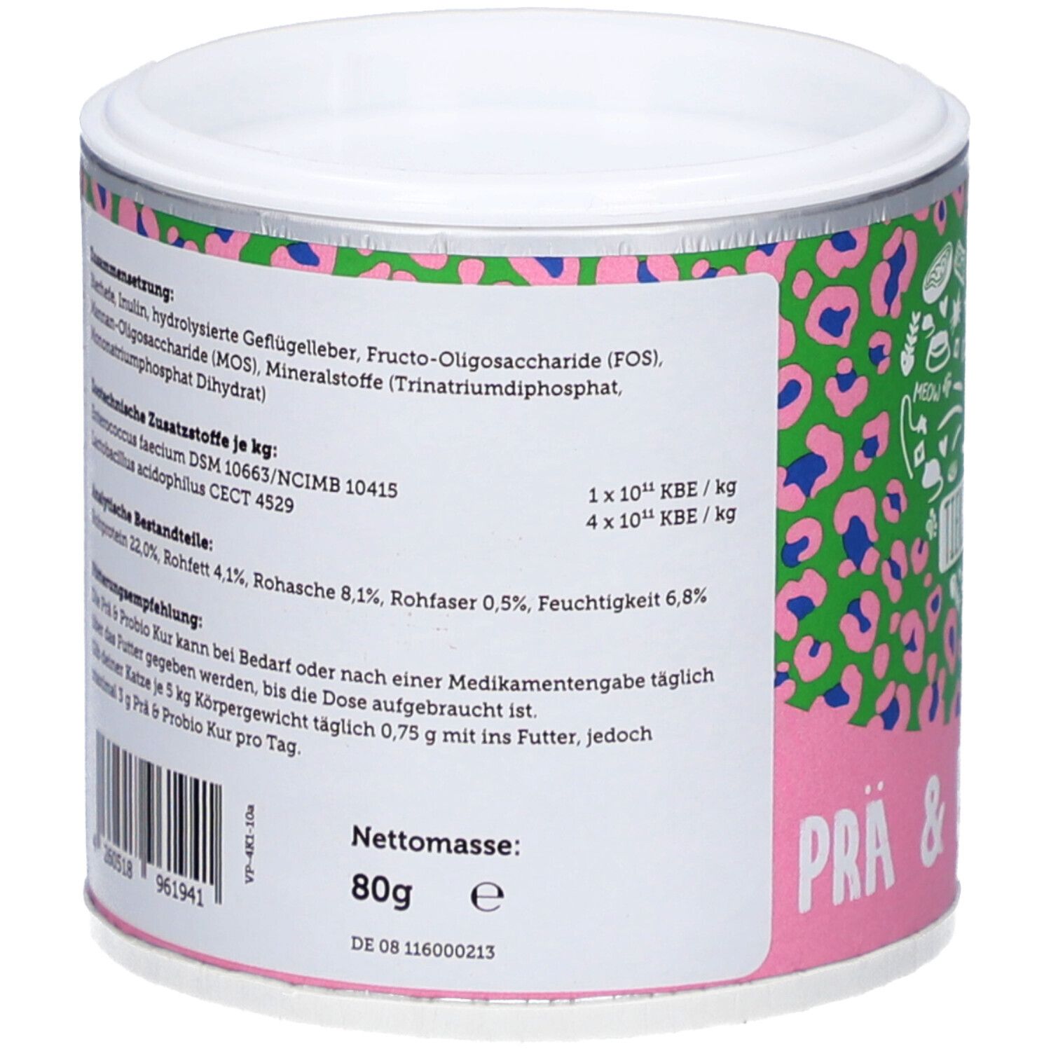 Dose mit Zutatenliste und Nährwertangaben. Nettomasse: 80g.