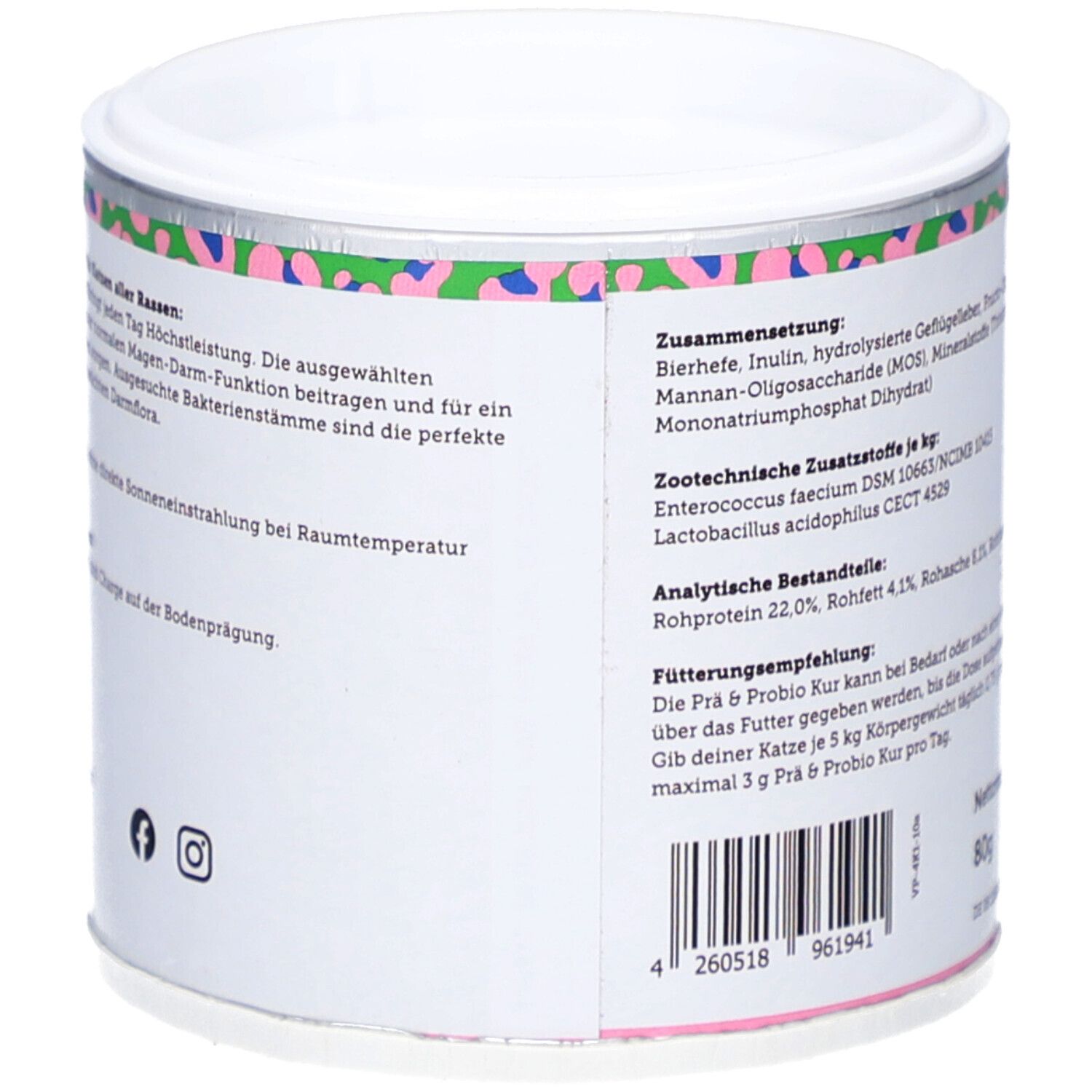 Dose mit Text über die Zusammensetzung und Fütterungsempfehlung. Rosa und grünes Design.