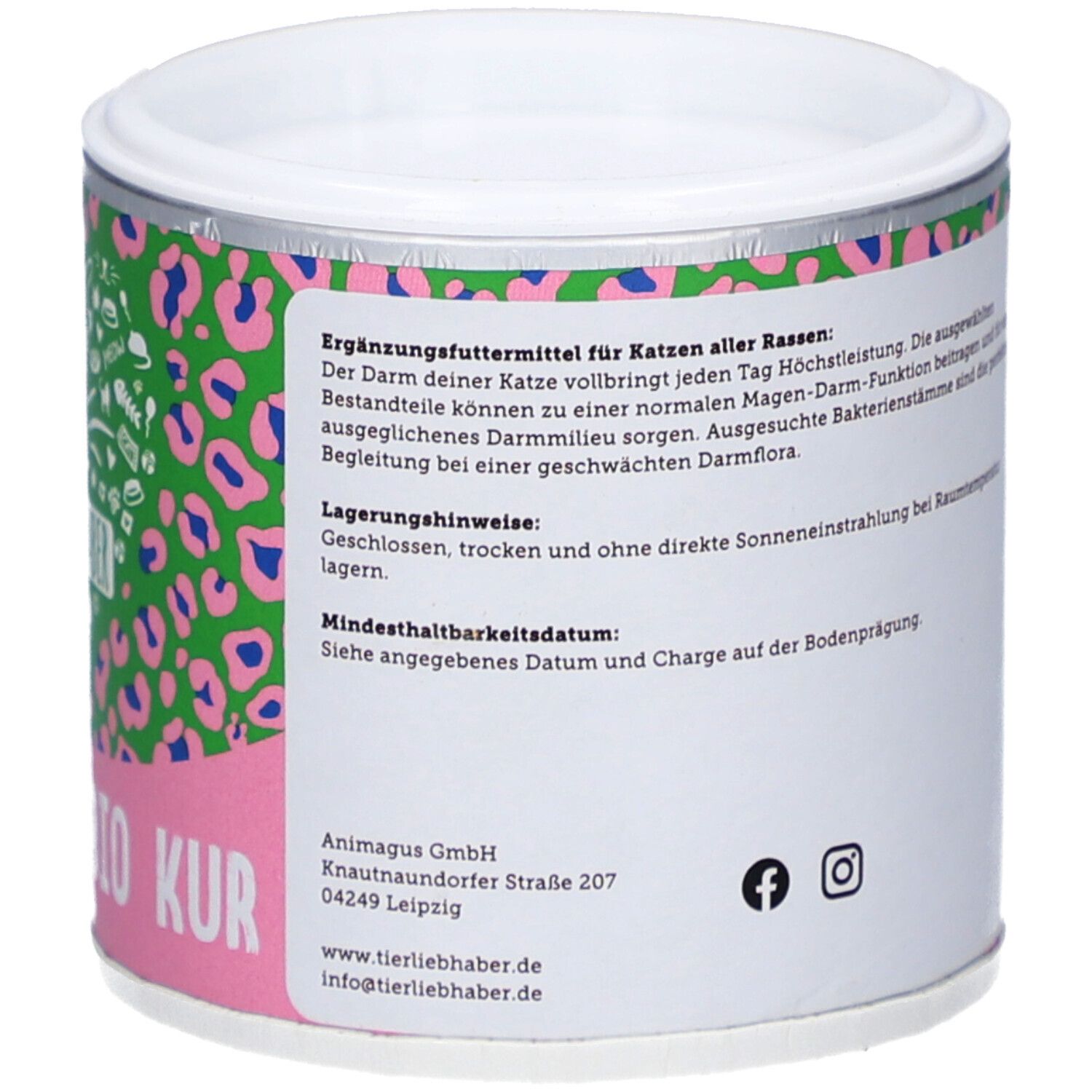 Dose mit Text über Ergänzungsfuttermittel für Katzen. Rosa und grünes Design.