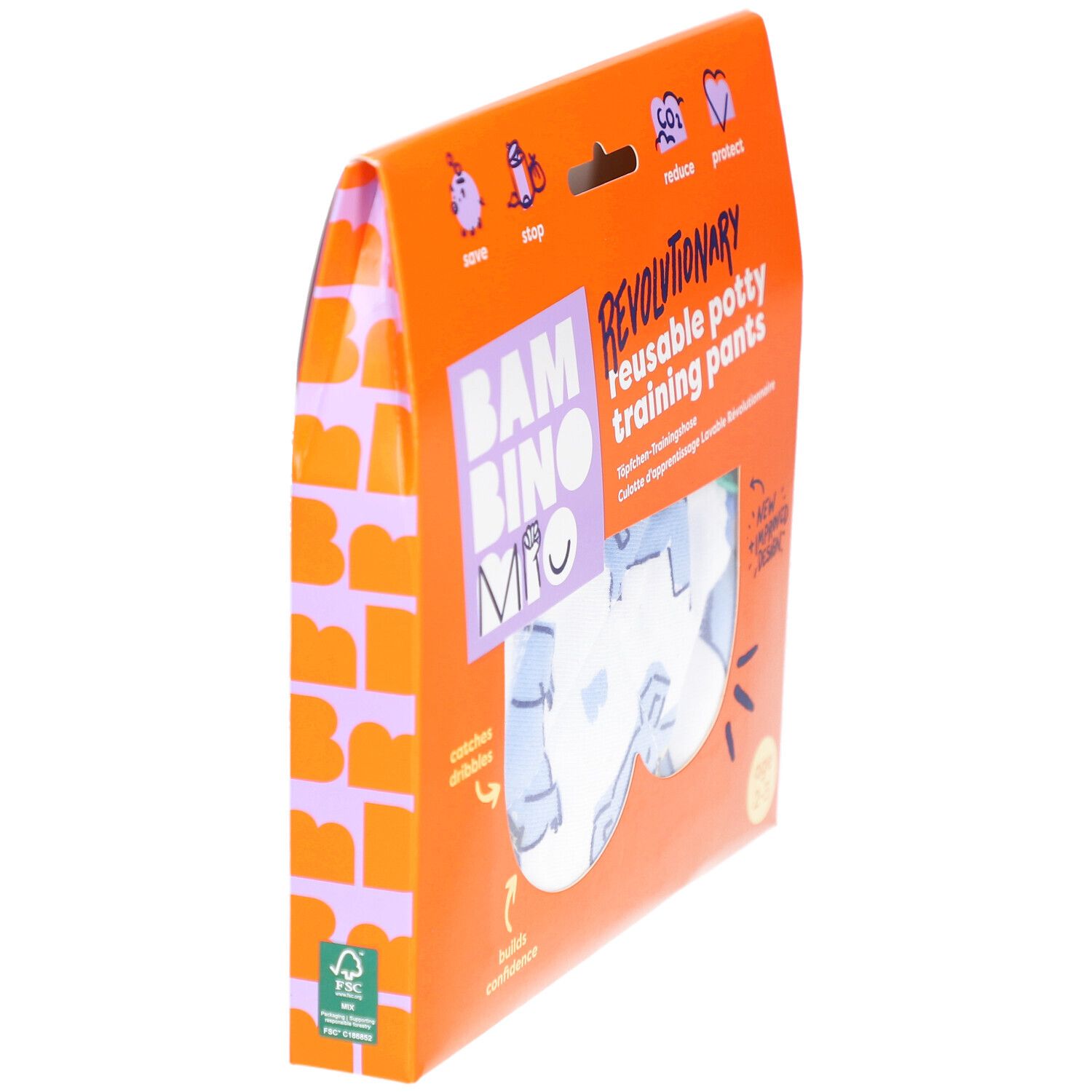 Seitenansicht der Verpackung mit wiederverwendbarer Töpfchen-Trainingshose. Orangefarbener Karton mit Produktname und FSC-Logo.