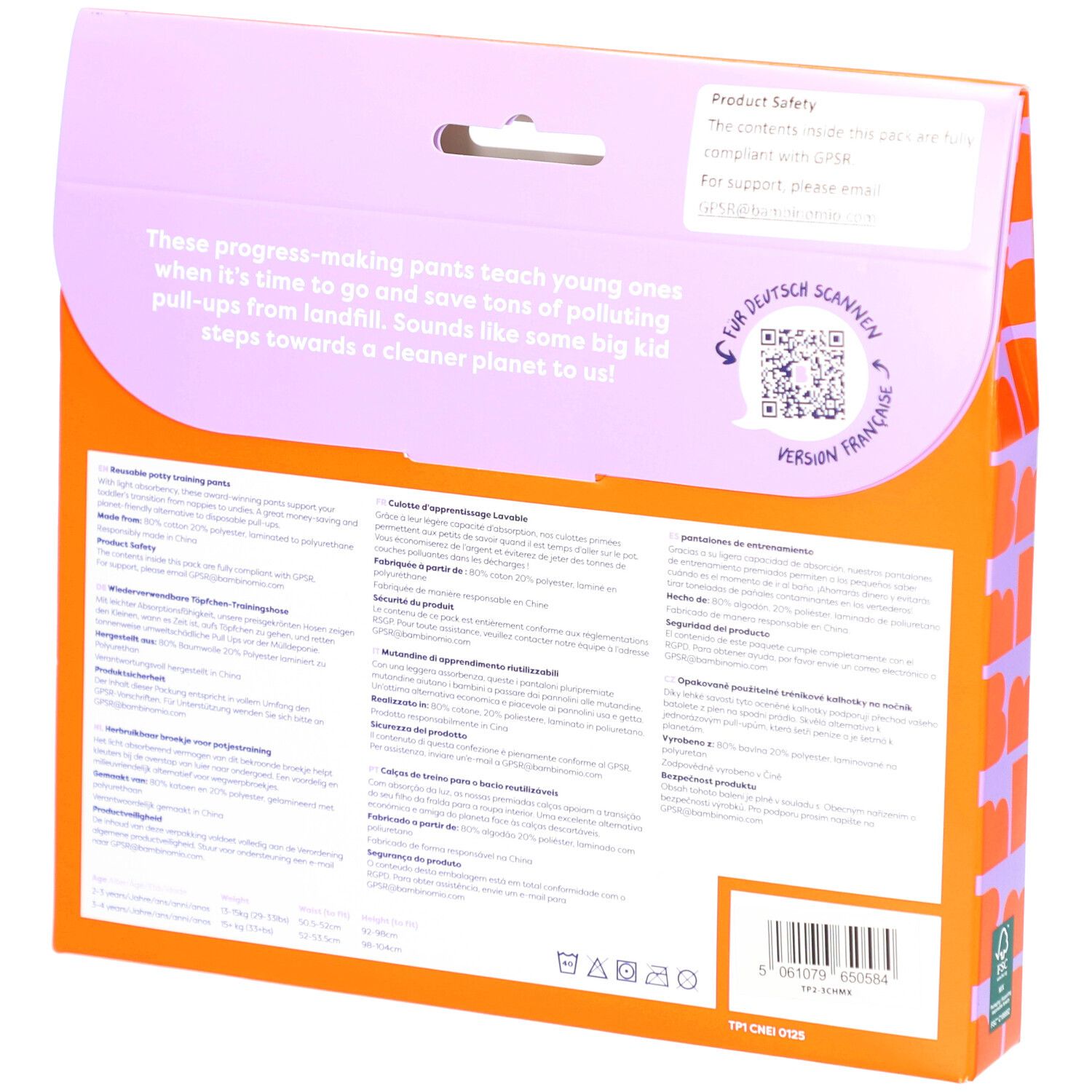 Rückseite der Verpackung mit wiederverwendbarer Töpfchen-Trainingshose. Text in Deutsch und Französisch, QR-Code und FSC-Logo.