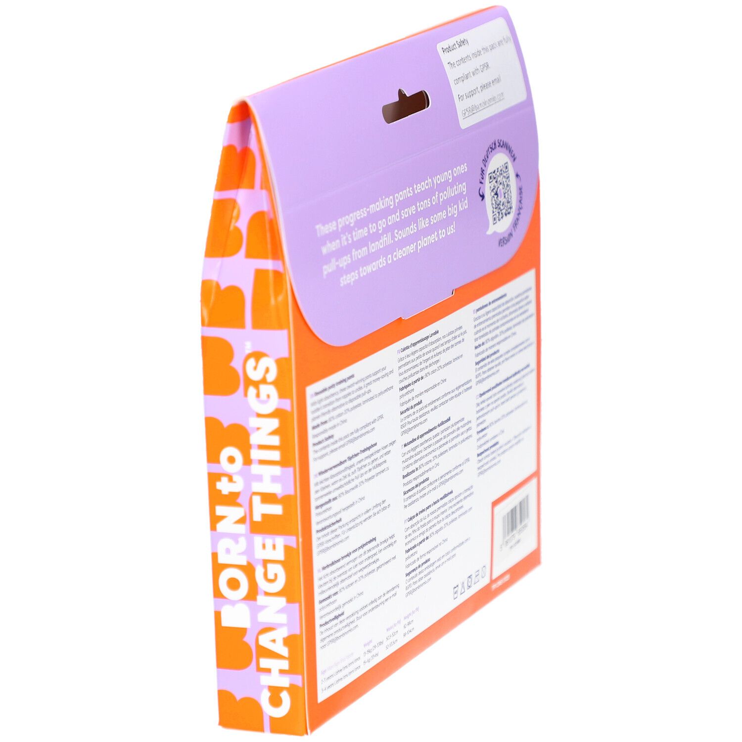 Seitenansicht der Verpackung mit wiederverwendbarer Töpfchen-Trainingshose. Text 'BORN TO CHANGE THINGS' und FSC-Logo.