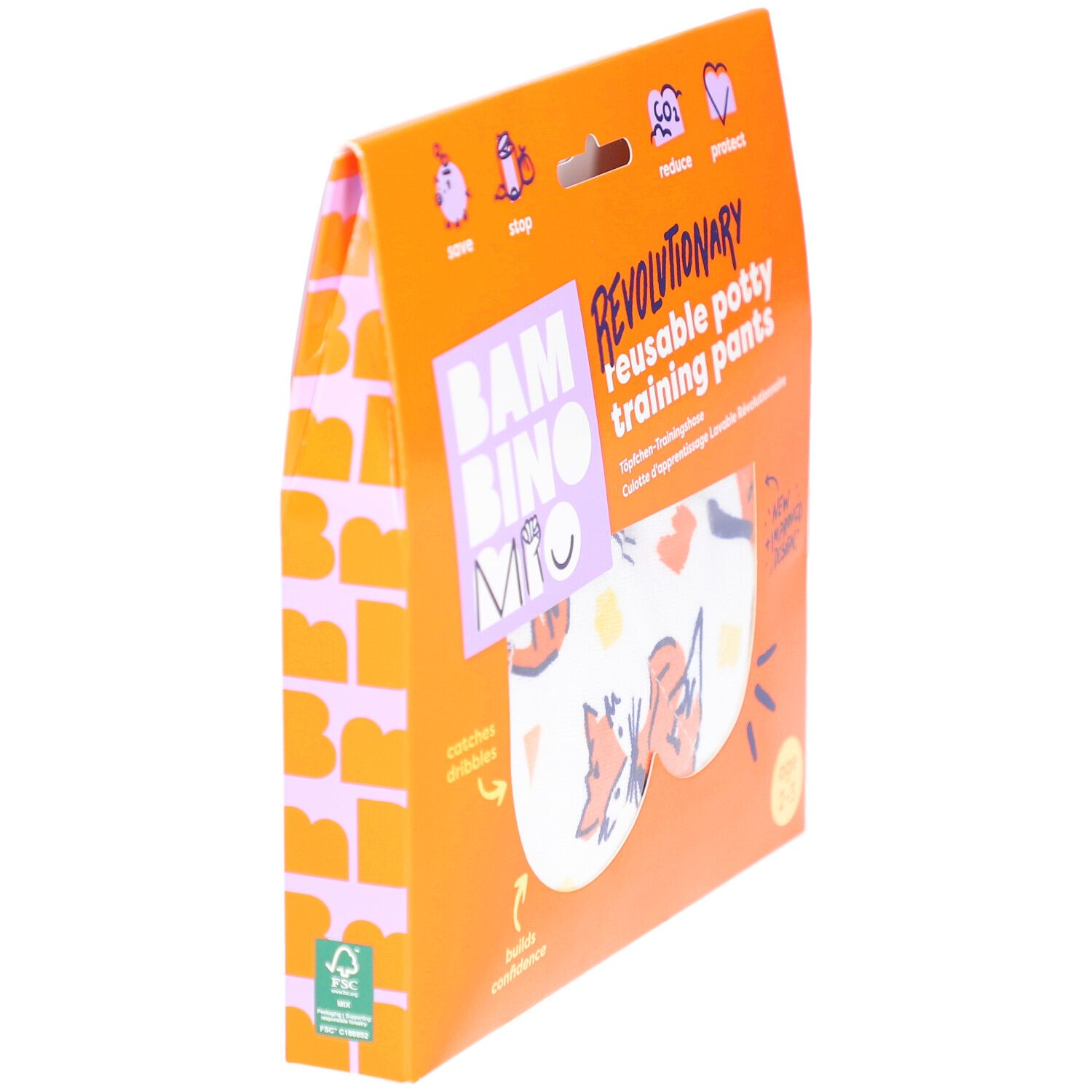 Seitenansicht der Verpackung mit wiederverwendbarer Töpfchen-Trainingshose. Orangefarbener Karton mit Produktabbildung und Text.