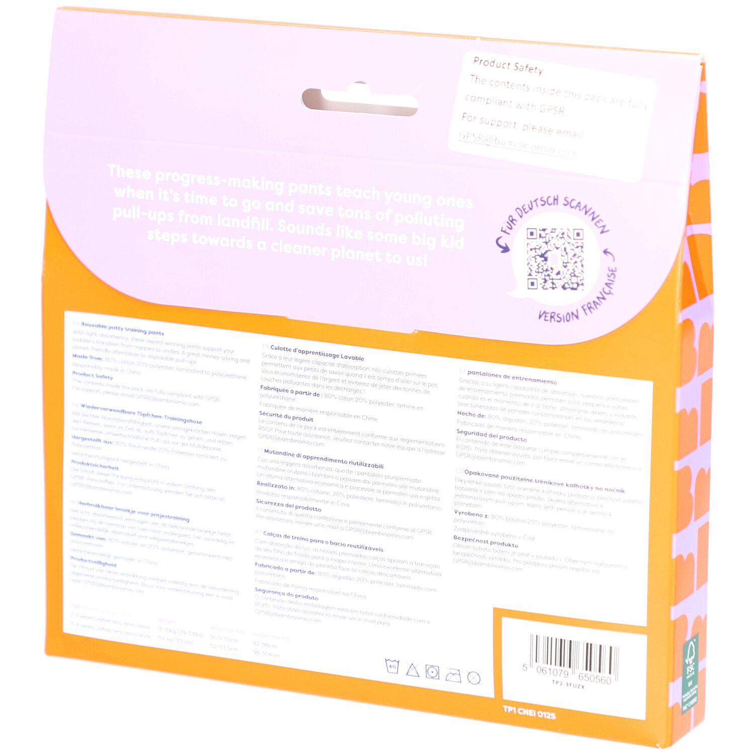 Rückseite der Verpackung mit Text. Enthält Informationen über das Produkt und einen QR-Code zum Scannen.
