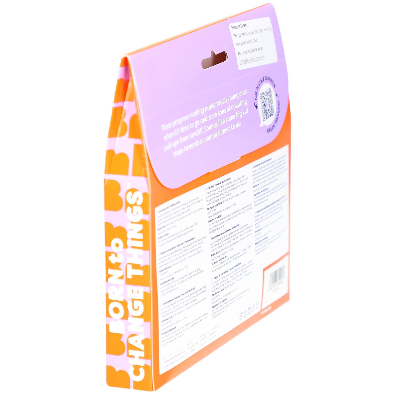 Seitenansicht der Verpackung mit Text auf der Rückseite. Enthält Informationen über das Produkt und einen QR-Code.