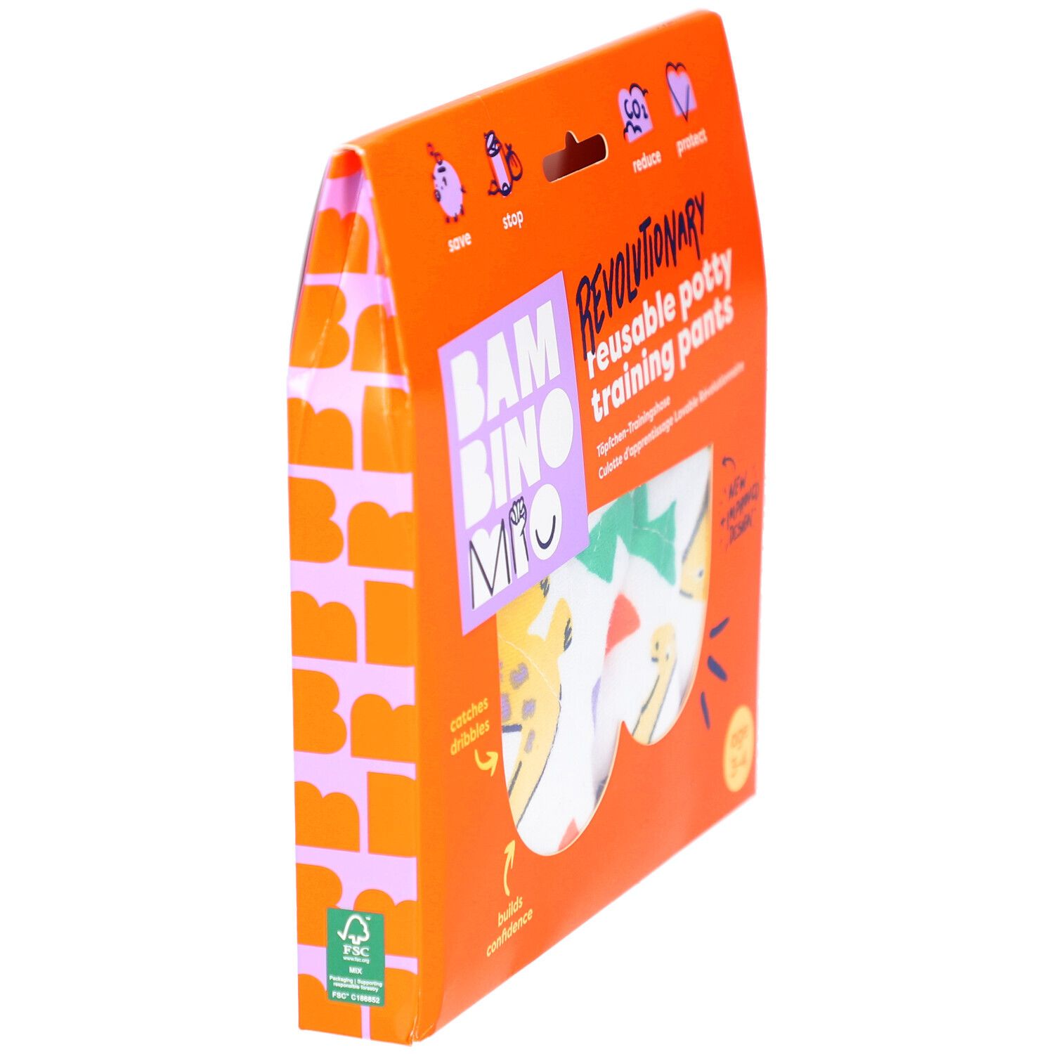 Orangefarbene Verpackung mit wiederverwendbarer Töpfchen-Trainingshose. Seitenansicht mit Text und FSC-Logo. Alter 3-4 Jahre.