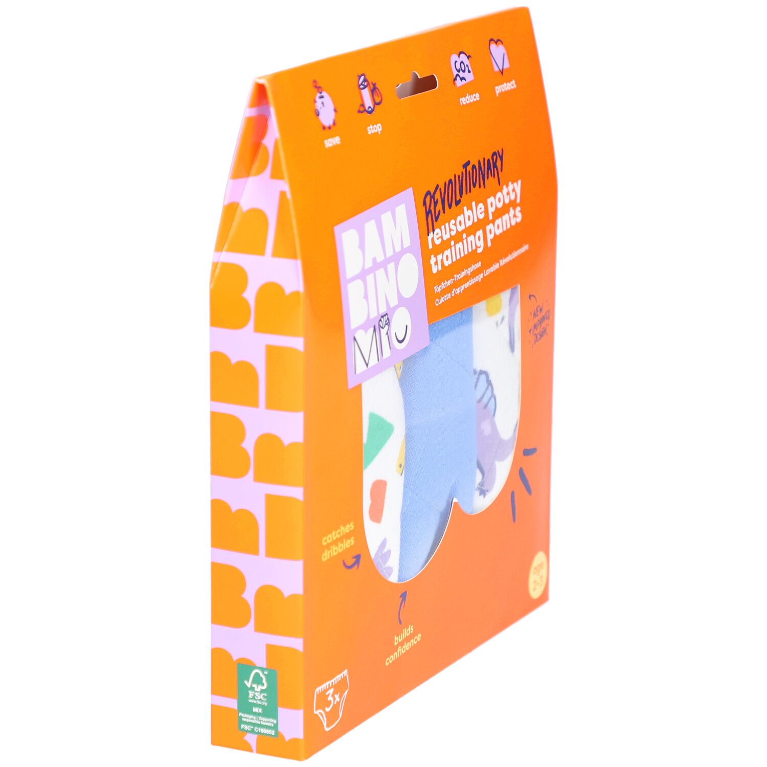 Orangefarbene Verpackung mit wiederverwendbaren Töpfchen-Trainingshosen. Logo und Produktinformationen sind sichtbar. FSC-Zertifizierung.