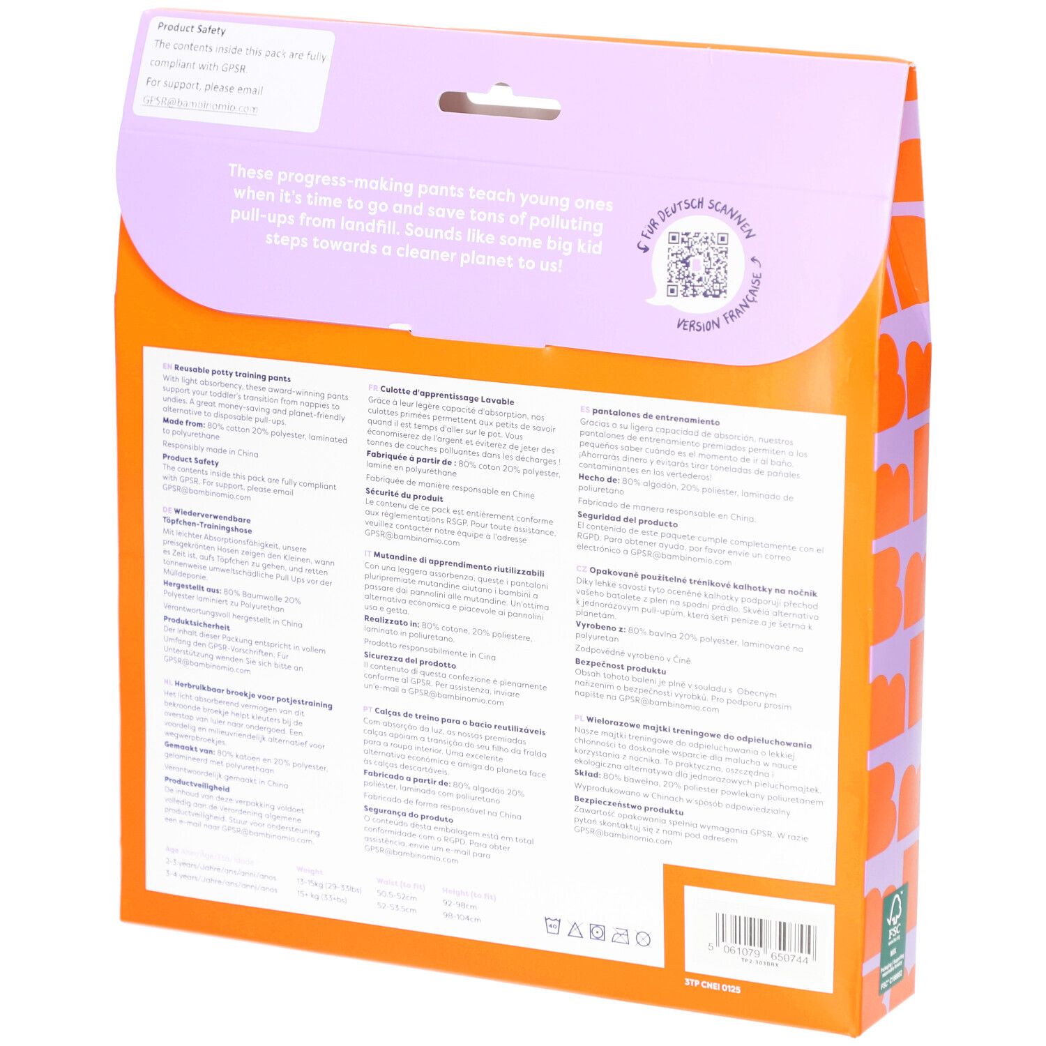 Rückseite der Verpackung mit Produktinformationen in mehreren Sprachen. QR-Code und FSC-Zertifizierung sind ebenfalls sichtbar.