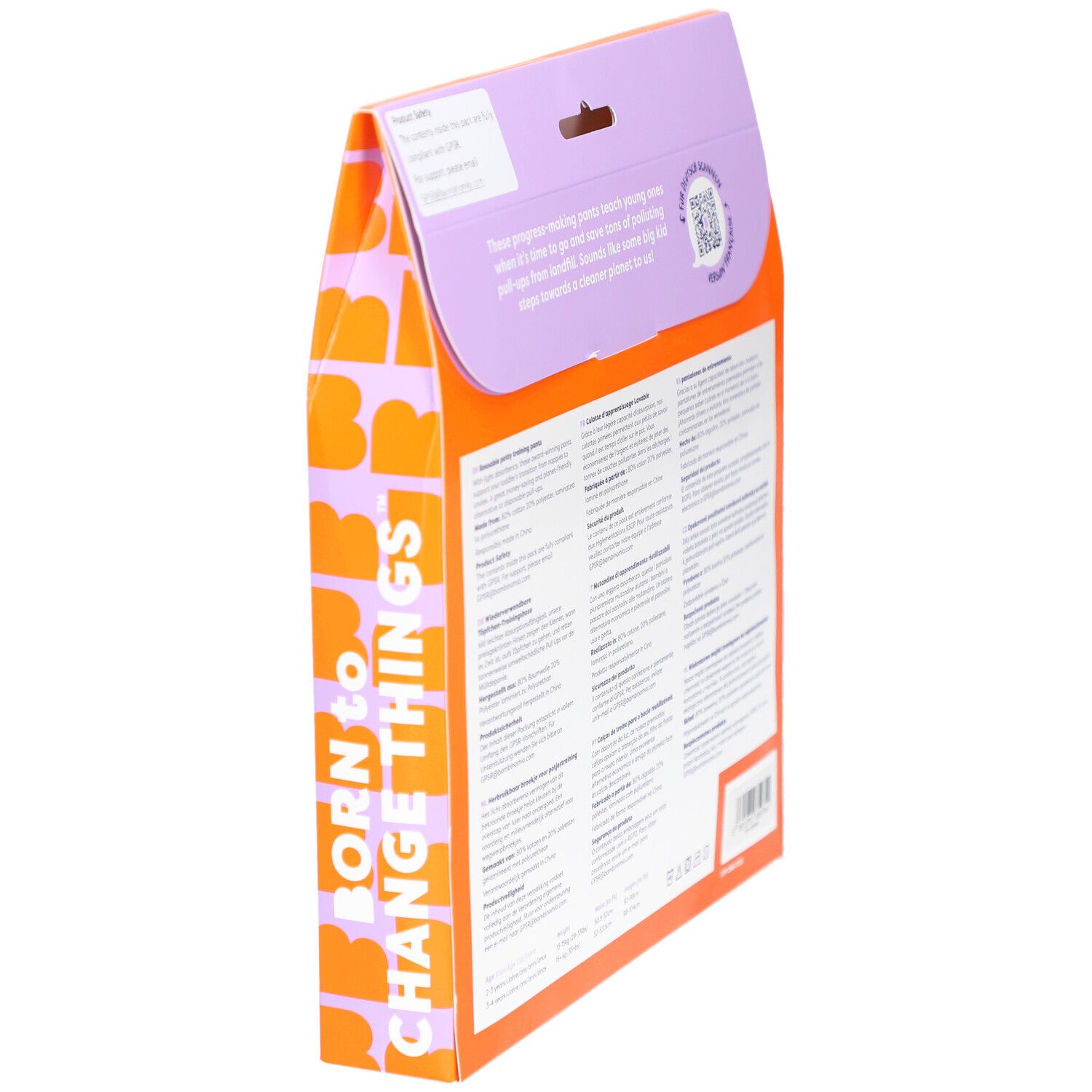 Rückseite der Verpackung mit Produktinformationen. Text in mehreren Sprachen. FSC-Zertifizierung und QR-Code.