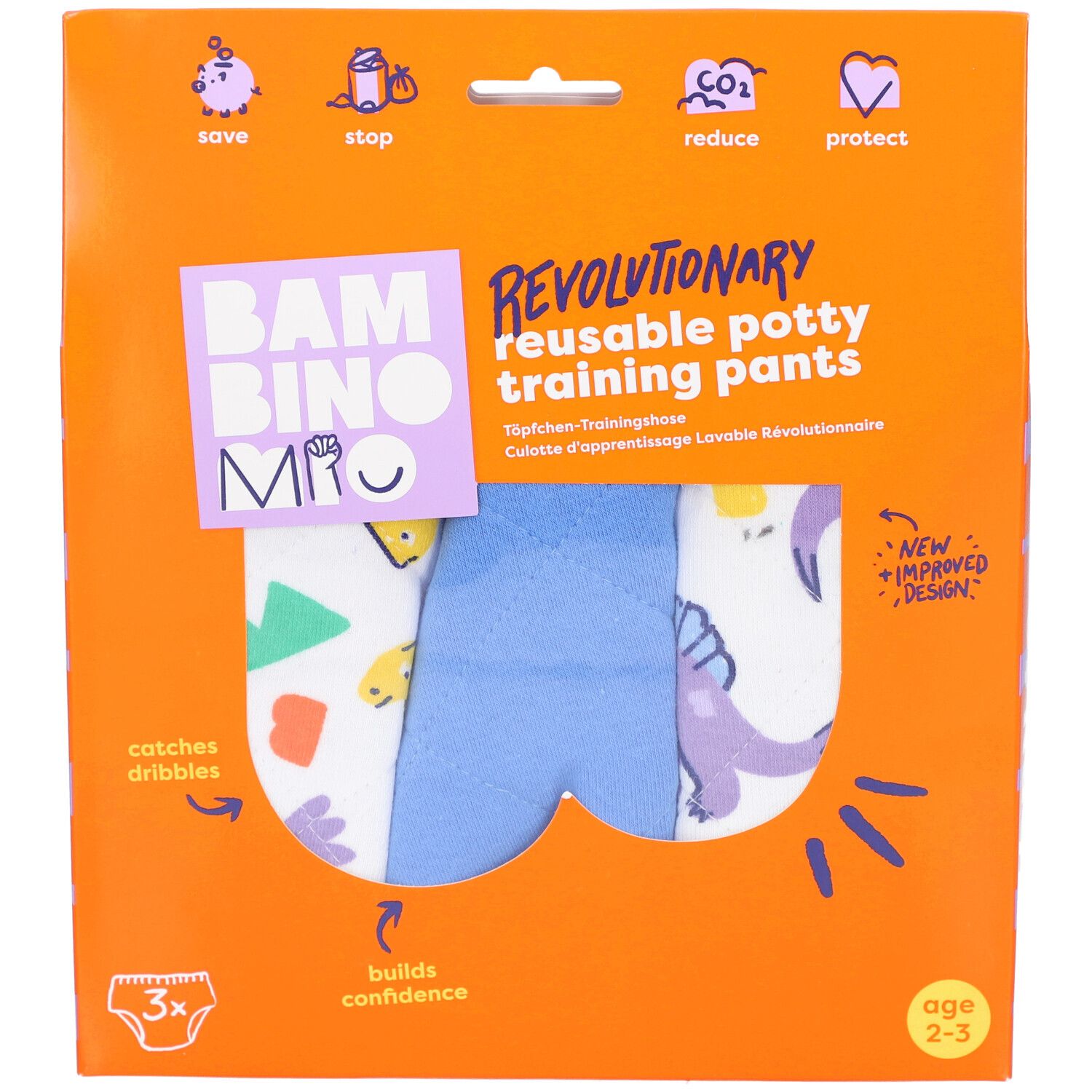 Verpackung mit wiederverwendbaren Töpfchen-Trainingshosen. 3 Hosen sichtbar. Orangefarbene Verpackung mit Produktinformationen.