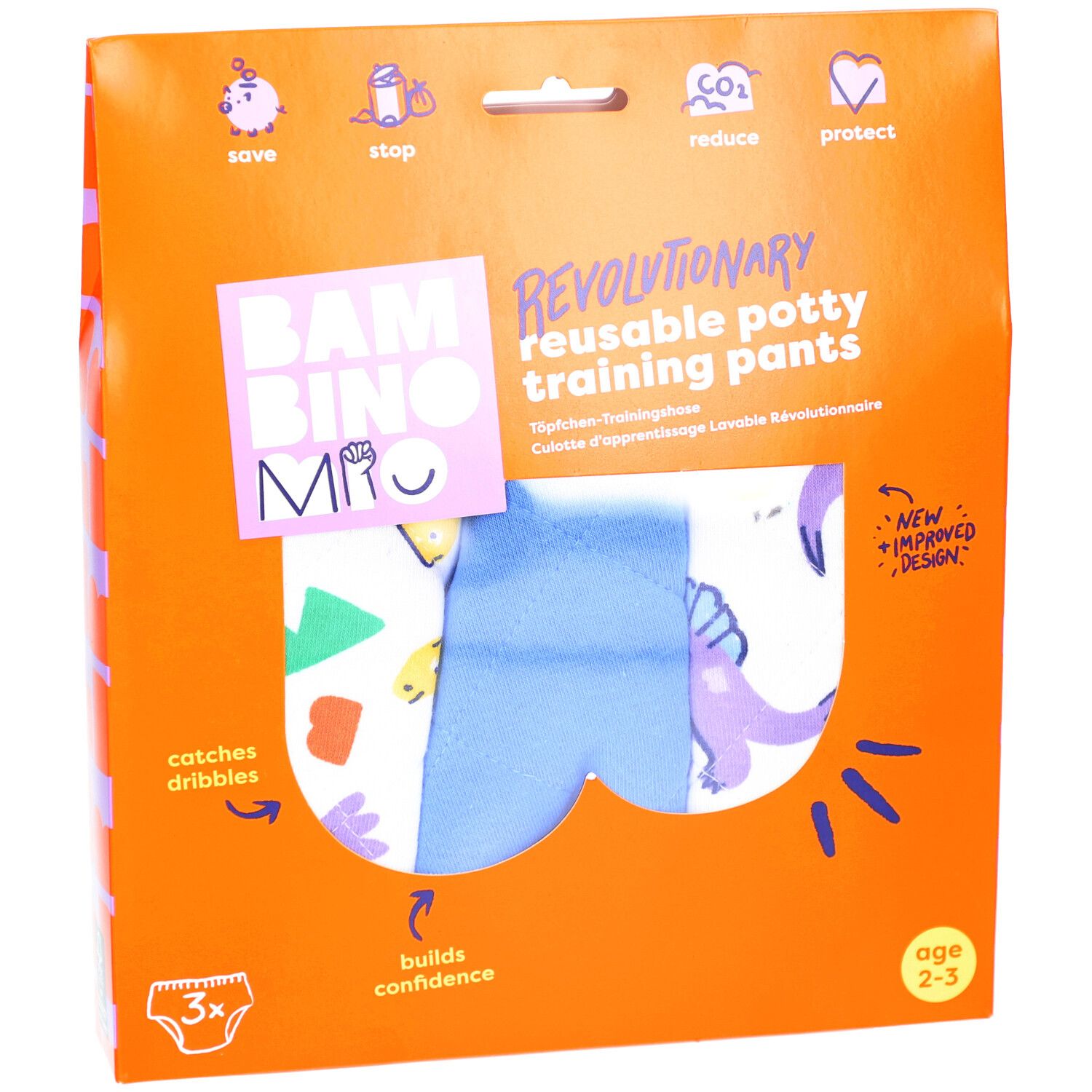 Verpackung mit wiederverwendbaren Töpfchen-Trainingshosen. 3 Hosen sichtbar. Orangefarbene Verpackung mit Produktinformationen.