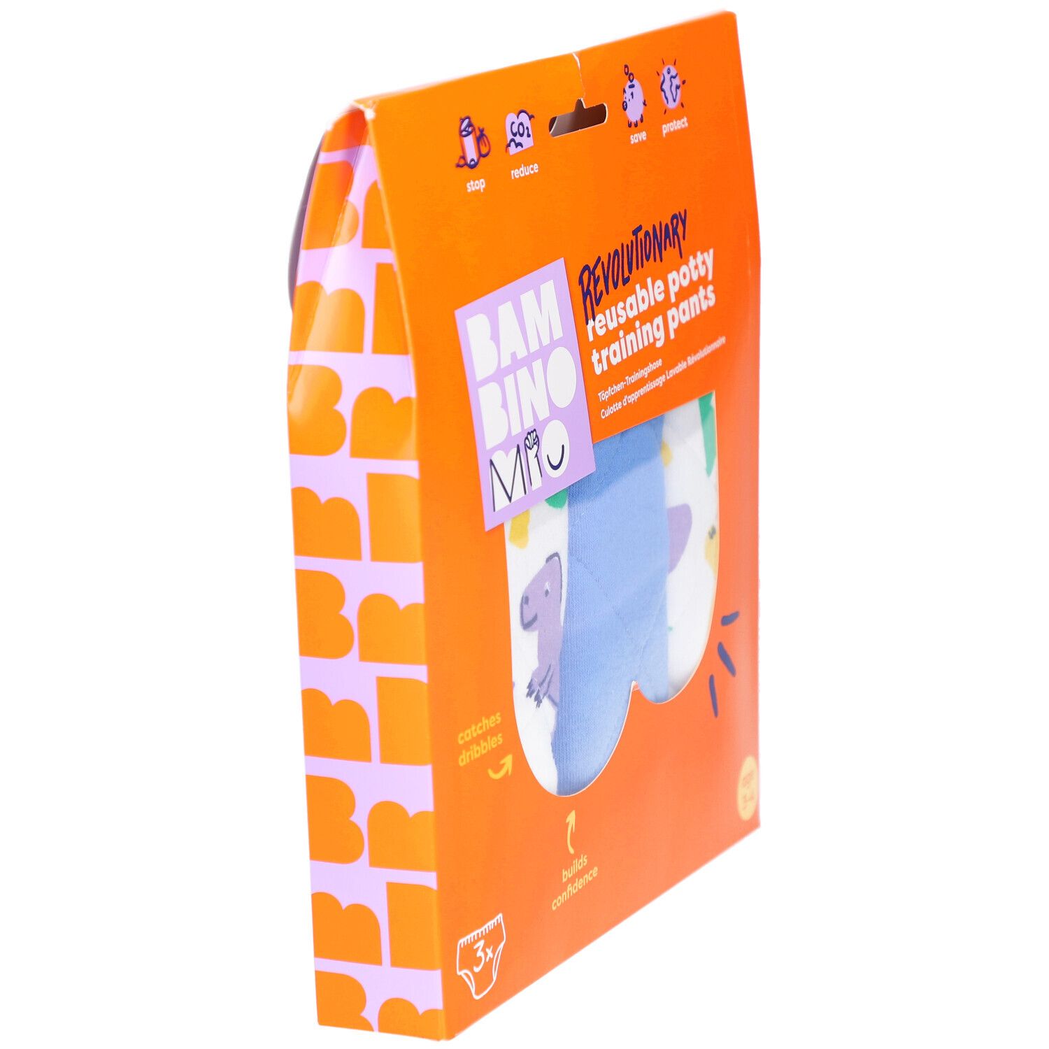 Orangefarbene Verpackung mit wiederverwendbaren Töpfchen-Trainingshosen. Seitenansicht mit Produktlogo und Dino-Muster.