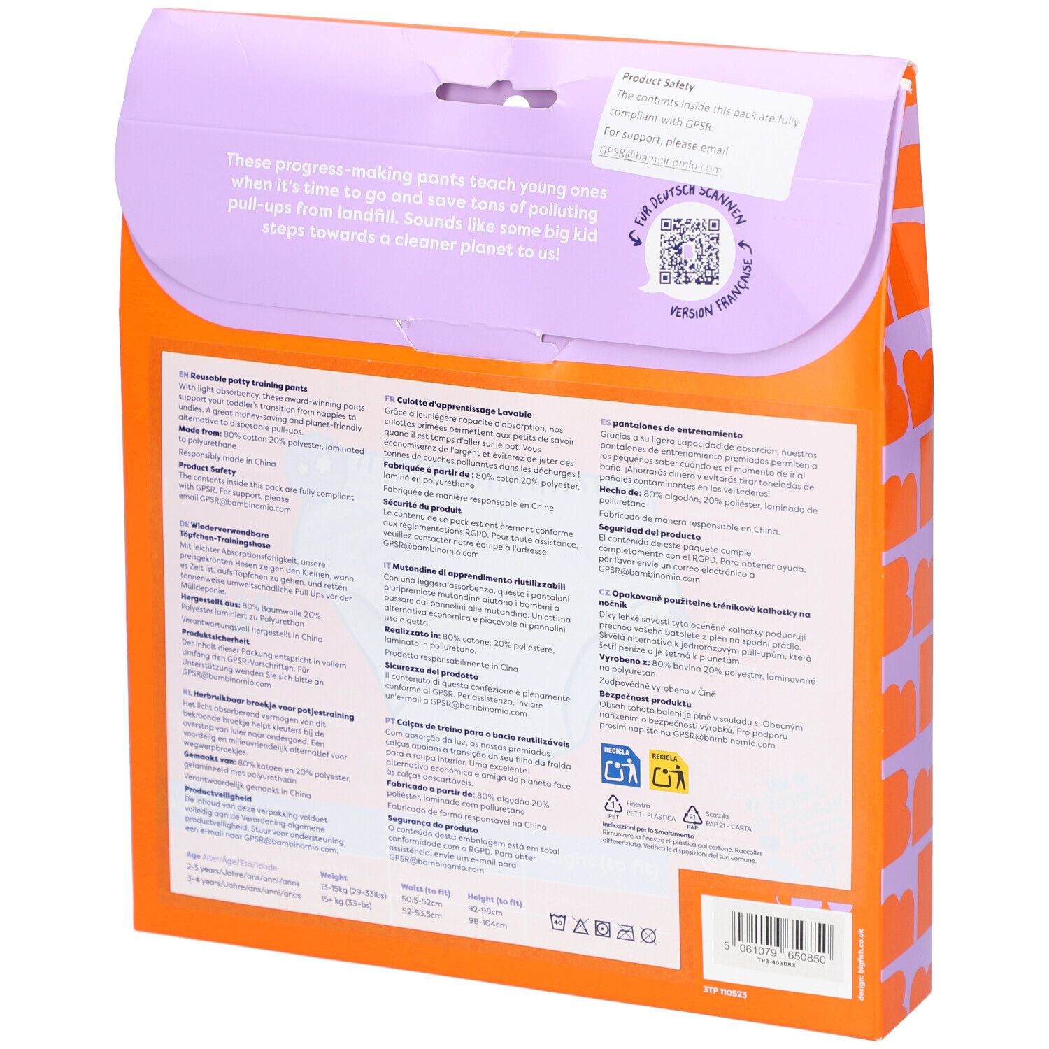 Rückseite der Verpackung mit Produktinformationen und Text in mehreren Sprachen. Enthält QR-Code und Recycling-Symbole.